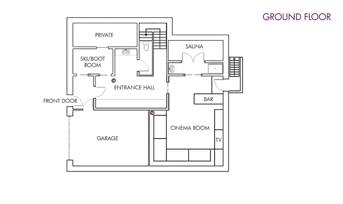 Ground floor plan: garage, ski/boot room, sauna, cinema room, and bar