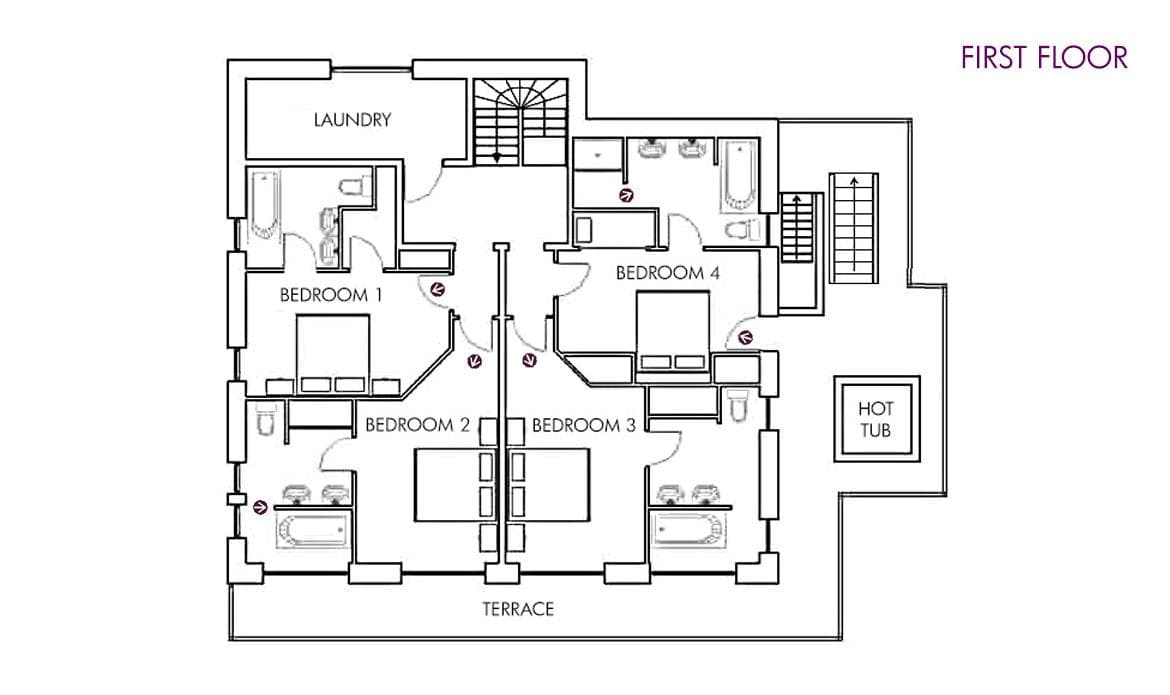 First floor layout: four bedrooms with en-suite bathrooms, laundry, and terrace with hot tub