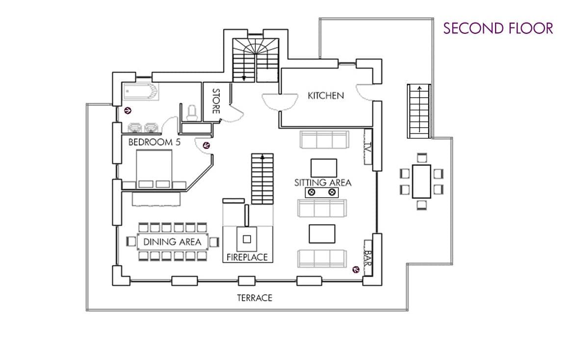Second floor plan: ensuite bedroom, kitchen, living area with fireplace, and wrap-around terrace