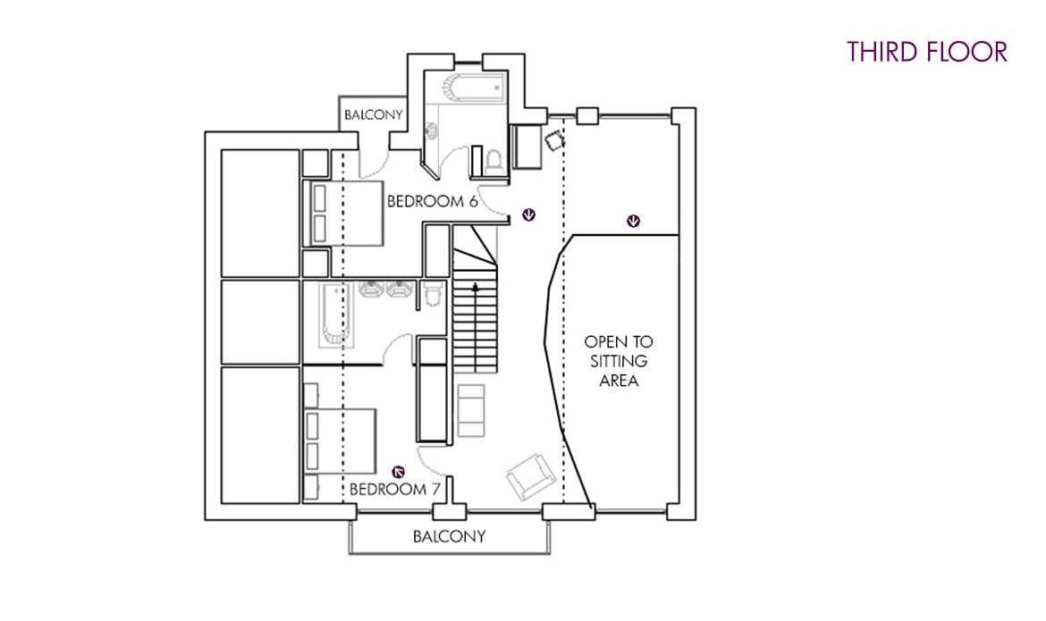 Third floor plan: two bedrooms with en-suite bathrooms and private balconies