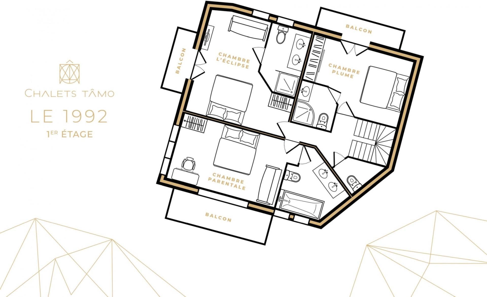 First floor layout: three bedrooms with private balconies and two full bathrooms