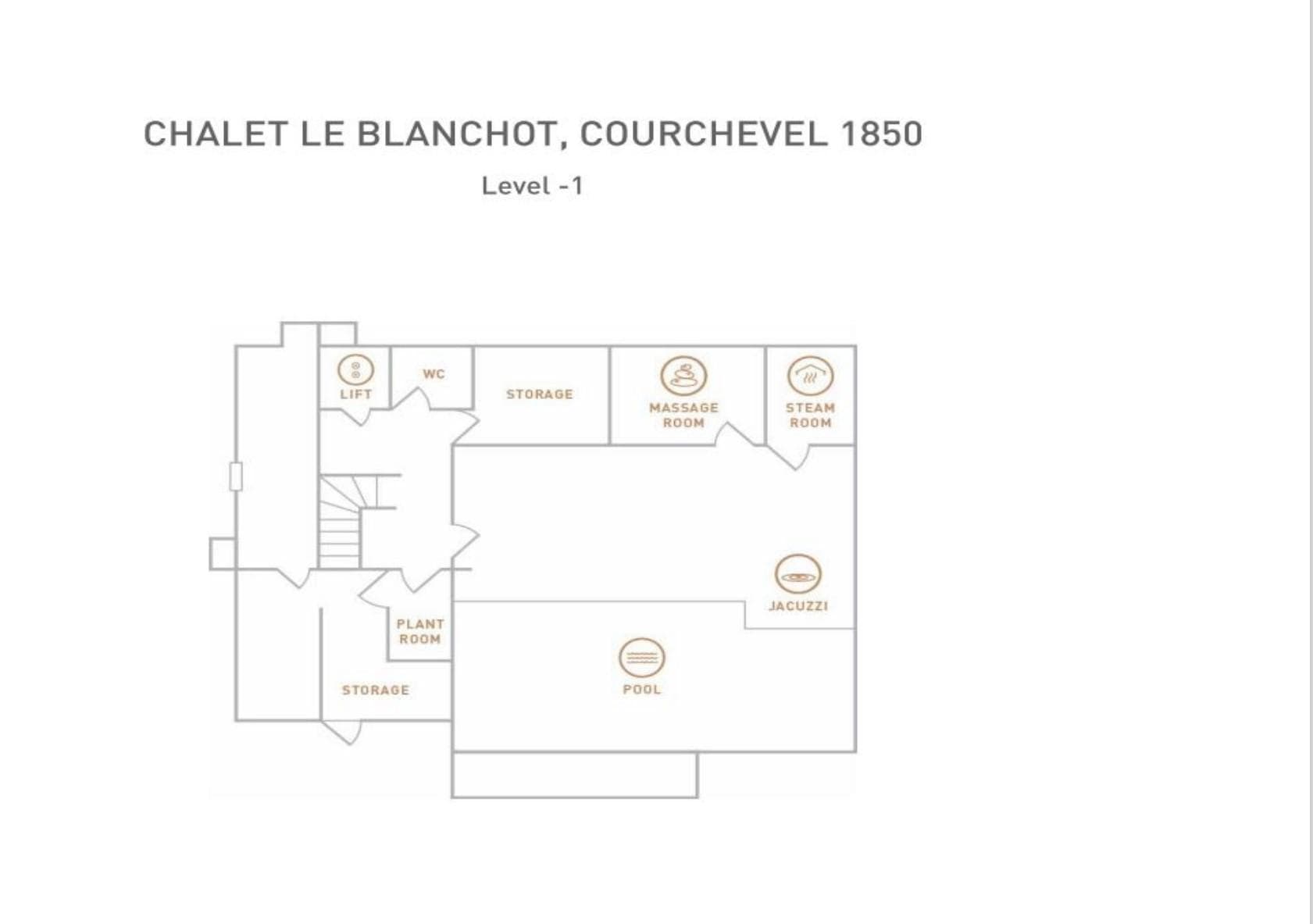 Lower level floor plan: pool, jacuzzi, steam room, massage room, and lift access