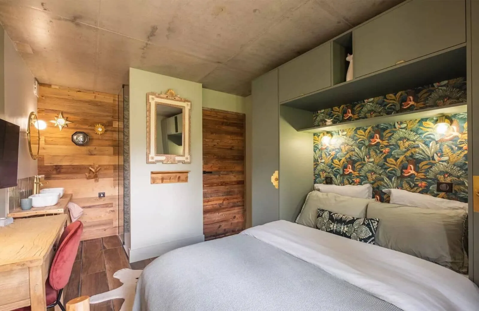 Bedroom with integrated dual vanity and built-in storage