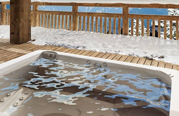 Outdoor hot tub on timber deck with mountain views