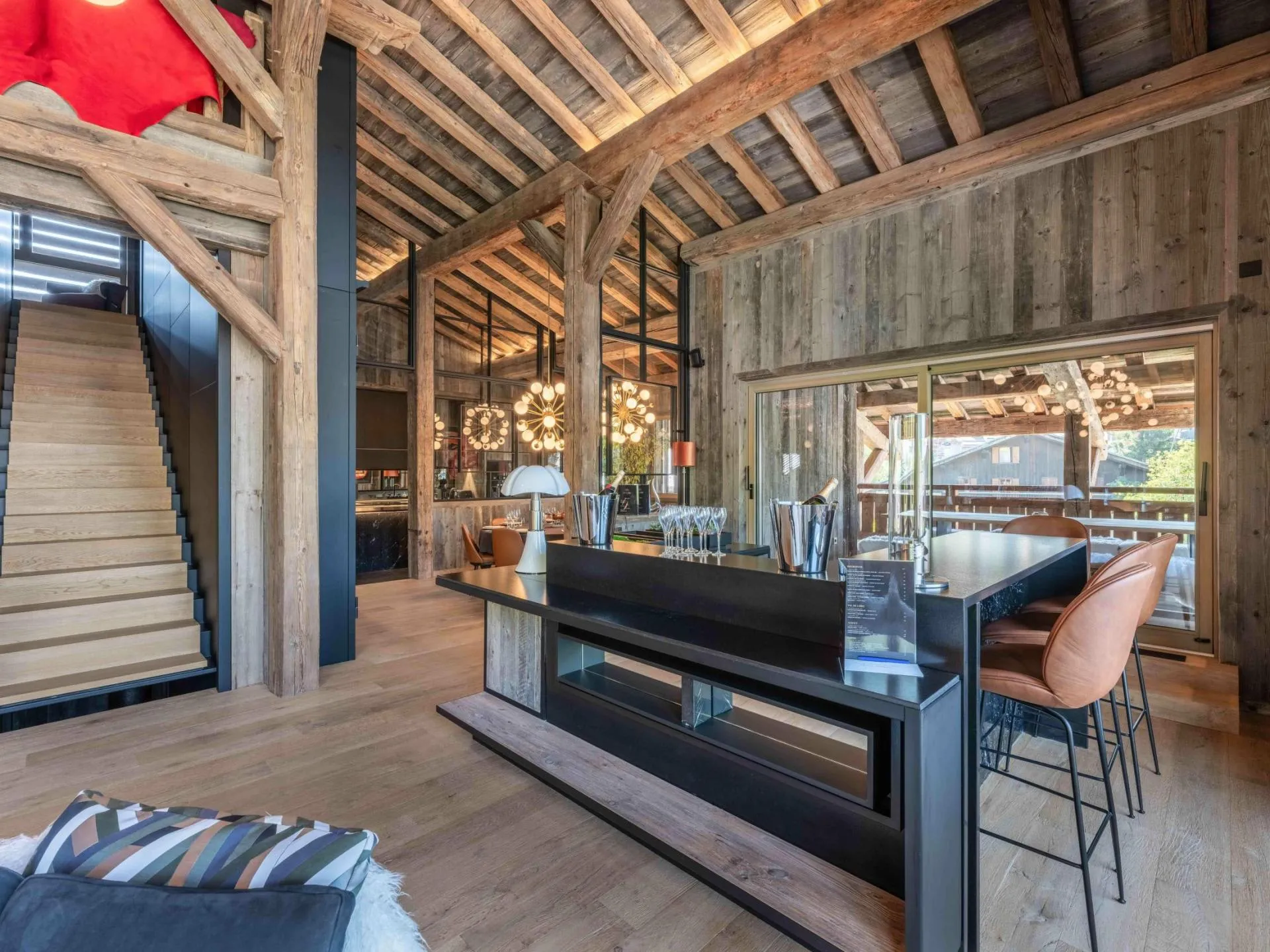 Bar counter beneath exposed timber beams