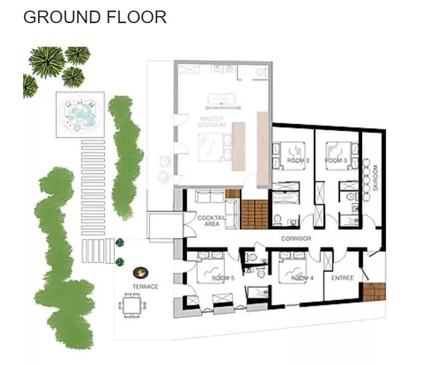 Ground floor plan: five bedrooms, cocktail area, ski room, and outdoor terrace