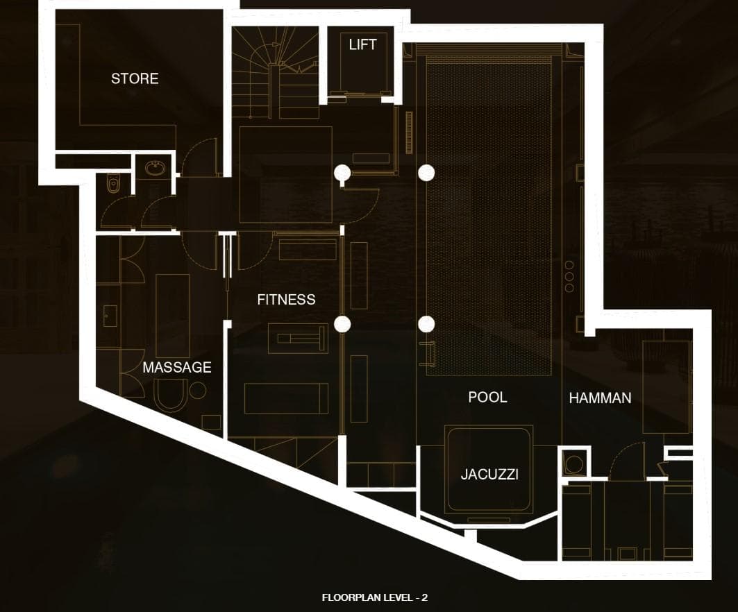 Lower level floor plan: pool, jacuzzi, hamman, fitness room, and massage area