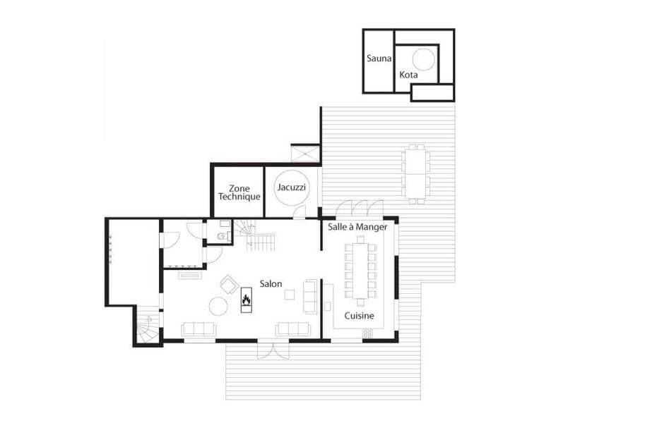 Main floor plan: living, kitchen, dining, deck with jacuzzi, sauna, and grill hut