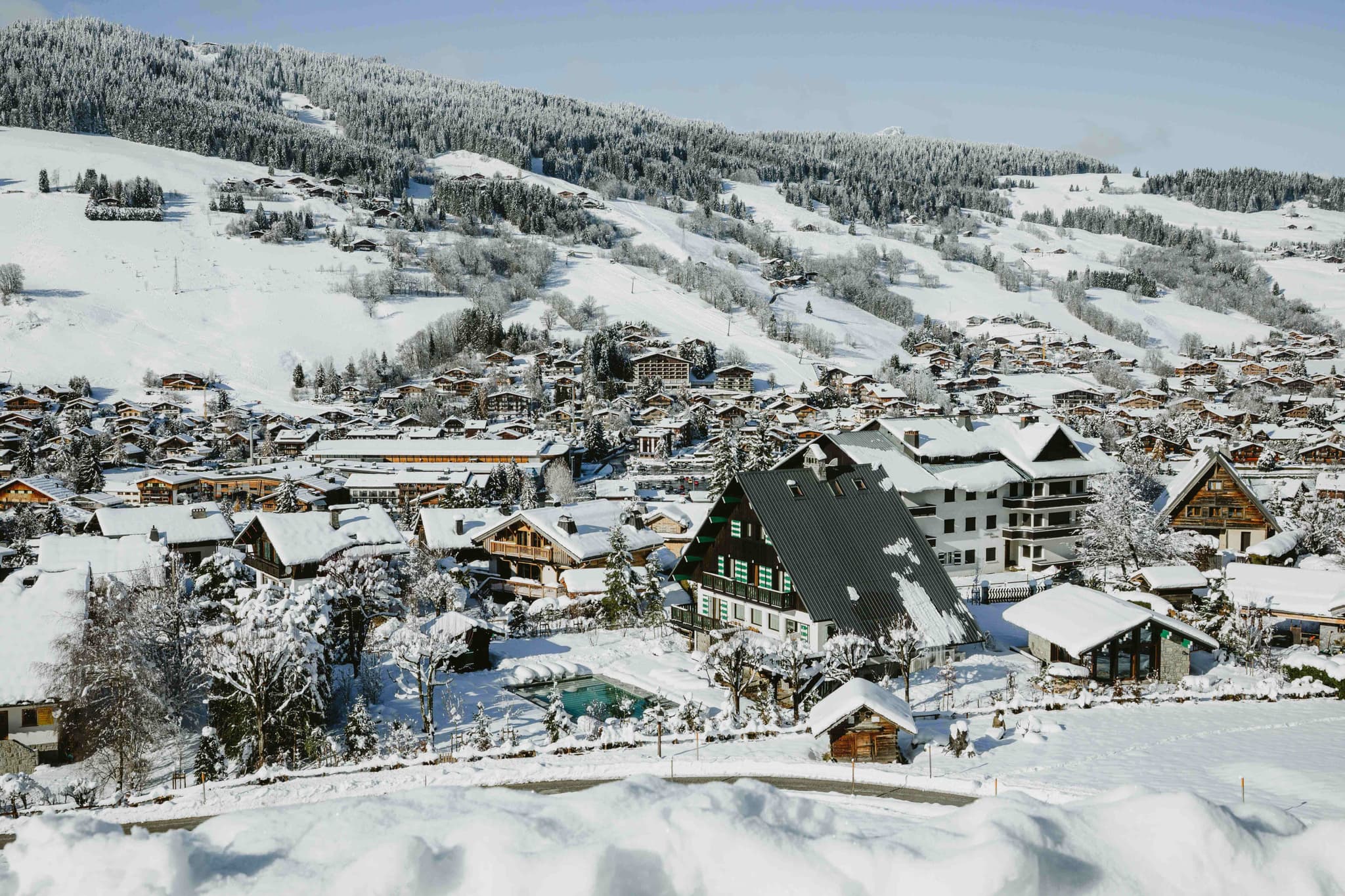 Ski resort village views with property's proximity to mountain slopes