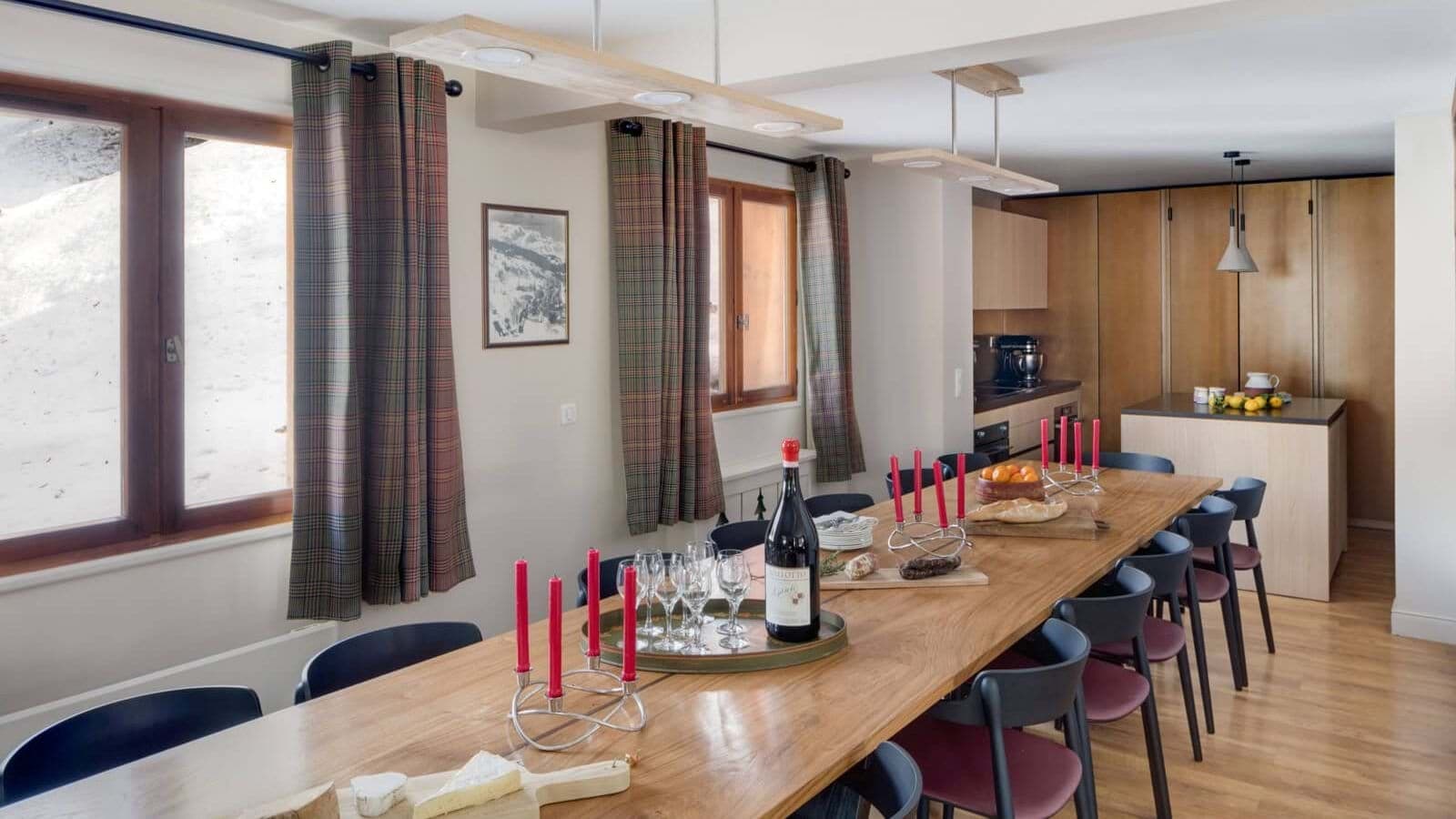 Dining area seats 10; kitchen island and mountain views