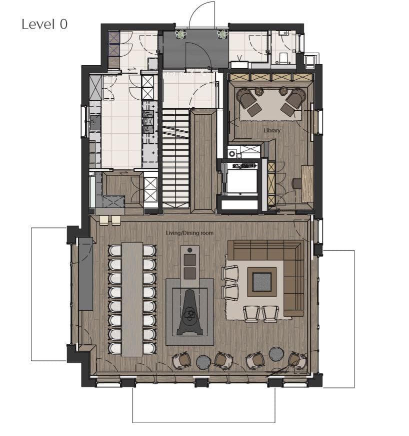 Level 0 floor plan: open-plan living and dining area, library, and central fireplace
