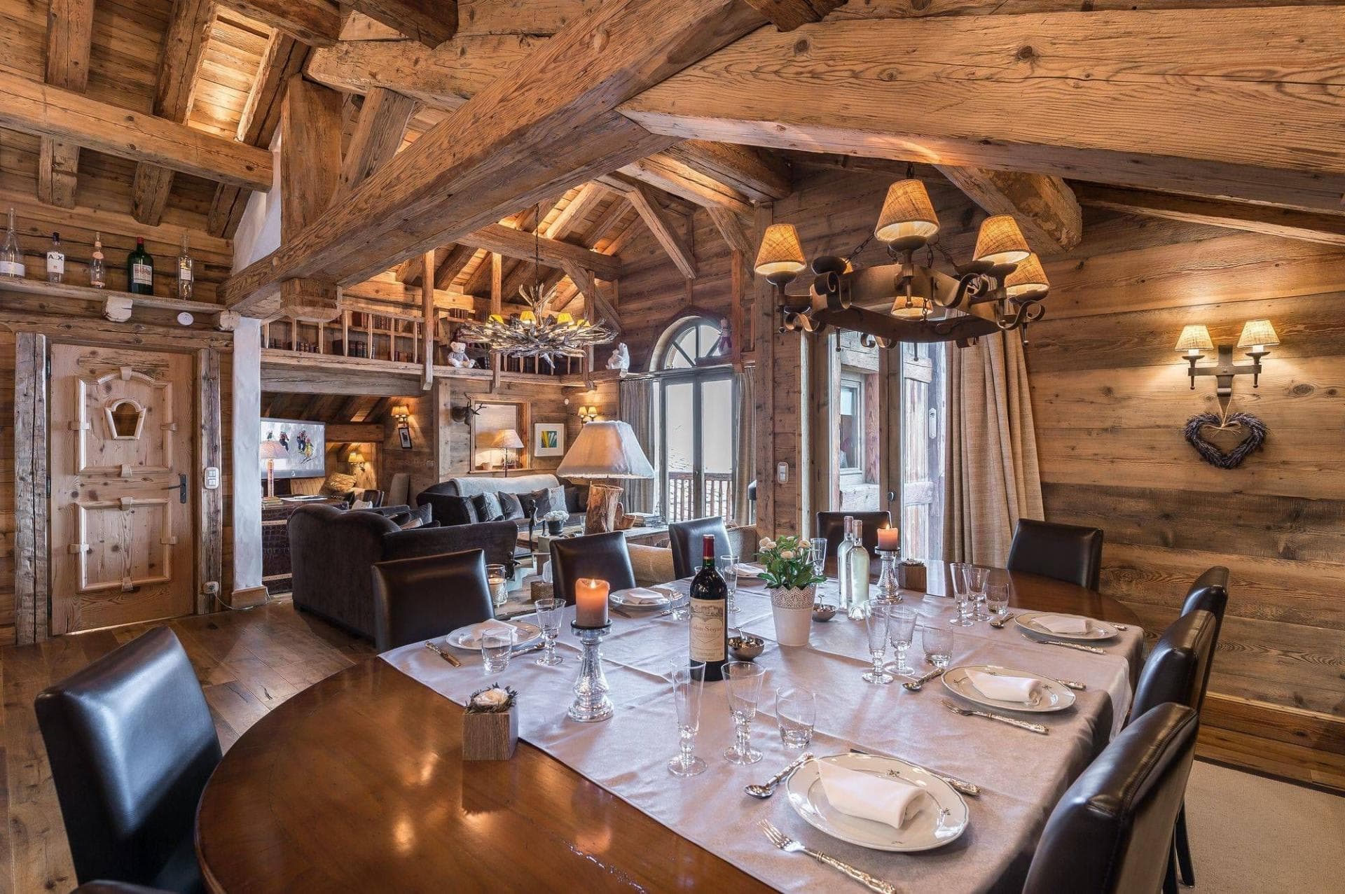 Dining area seats 8; vaulted ceilings with exposed timber beams
