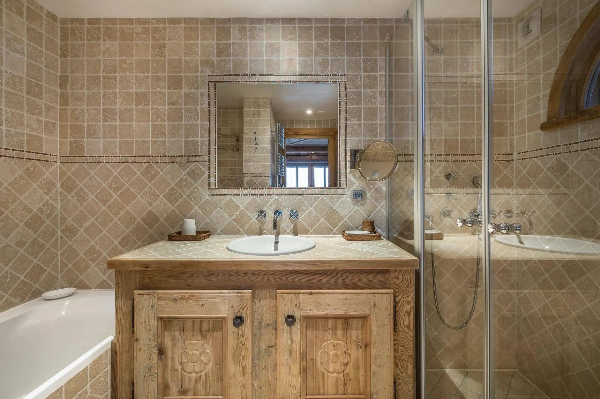 Bathroom with bathtub, glass shower enclosure and single basin