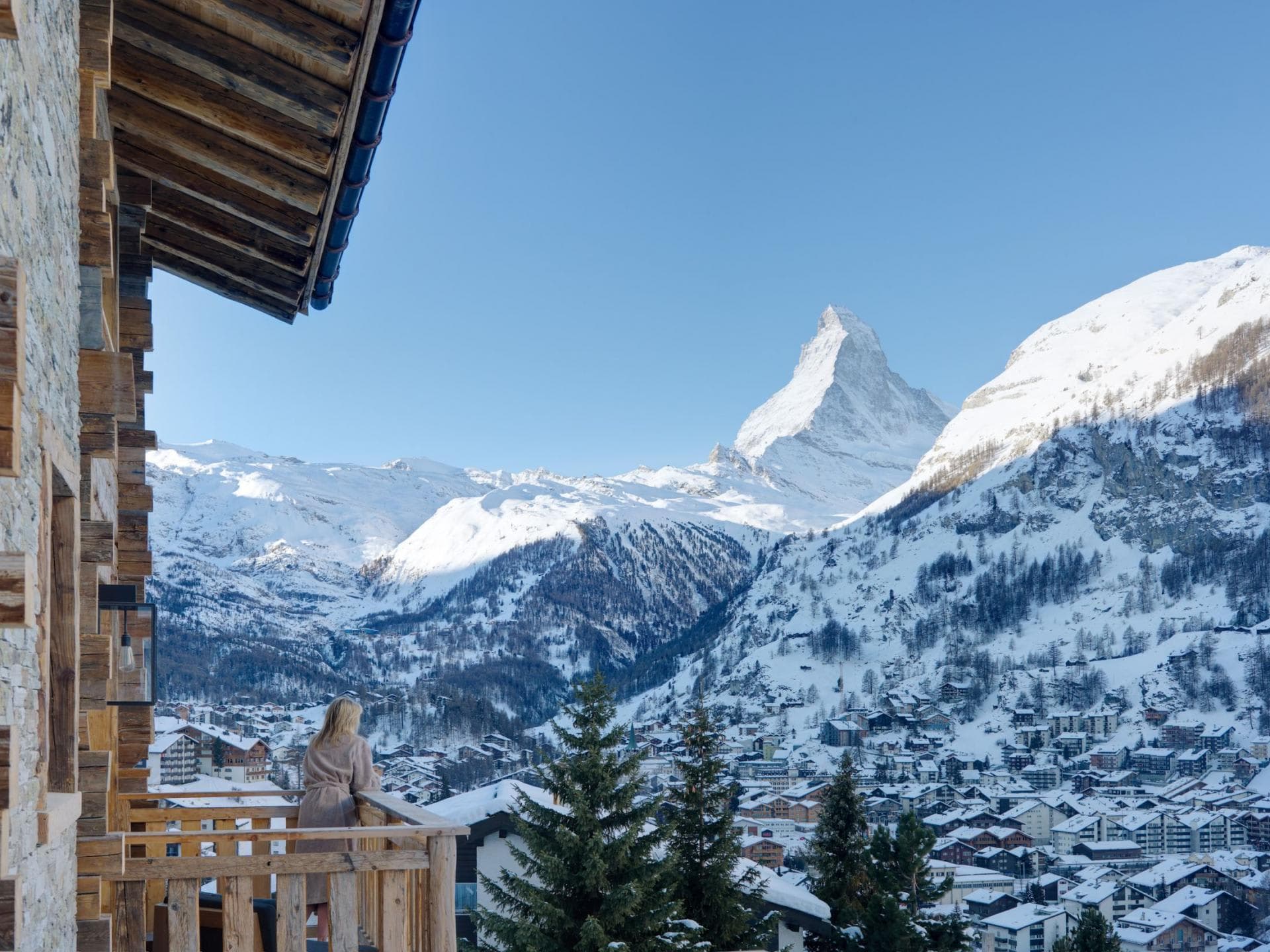 Private chalet balcony with direct Matterhorn and Zermatt village views