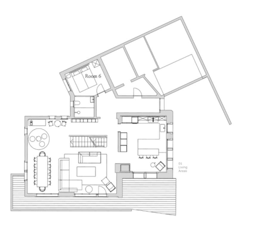 Ground floor plan: open living areas, kitchen, dining, and Room 6 bedroom upstairs