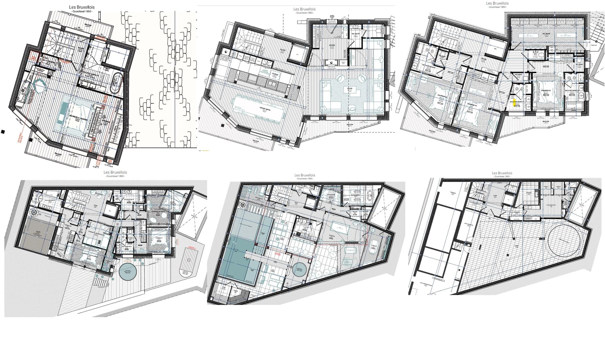 Multi-level floor plans: 6 levels including indoor pool, spa, and terrace