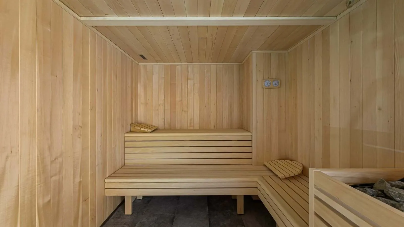 Timber sauna with two-tier seating