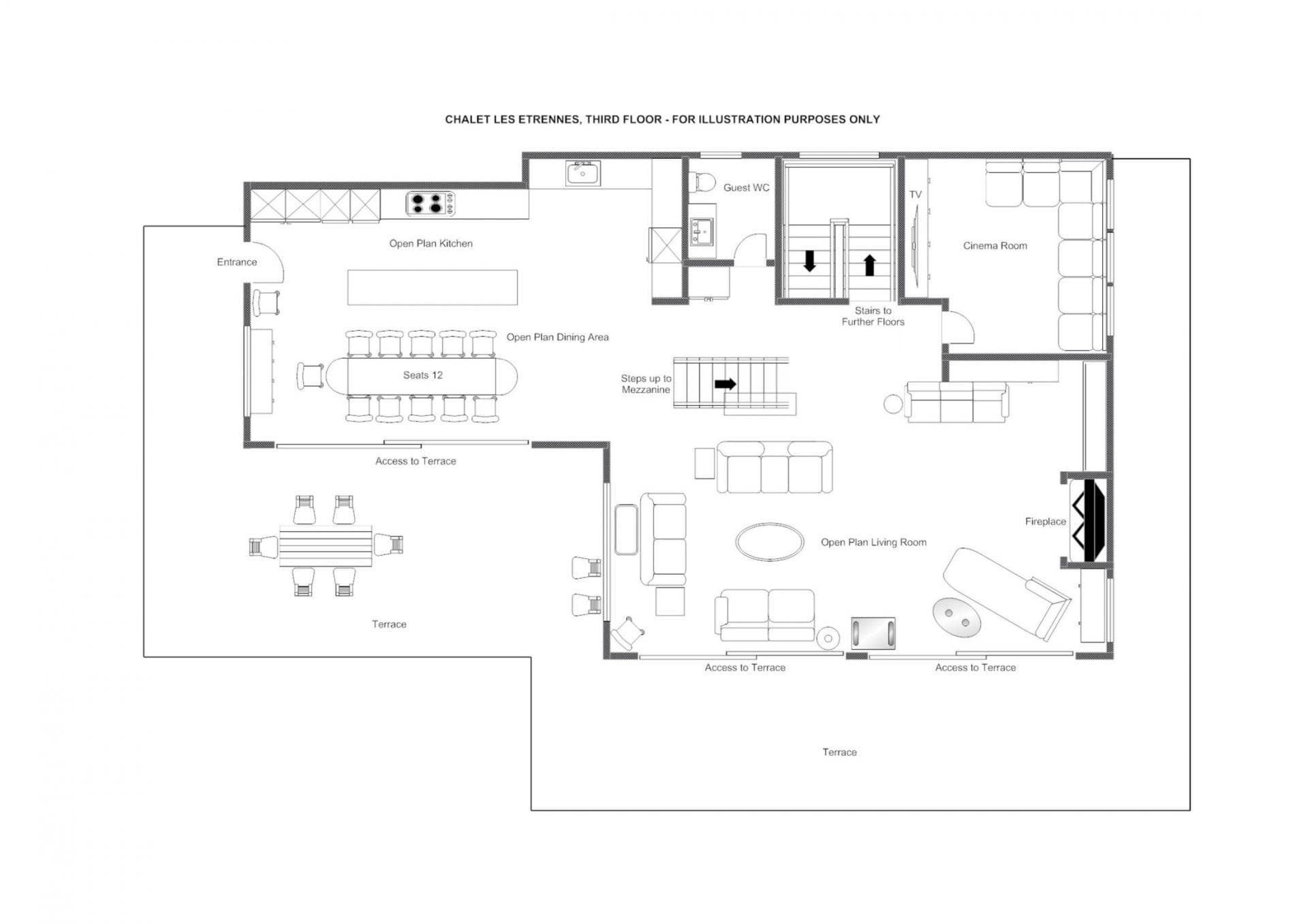 Third floor plan: open-plan kitchen, dining for 12, cinema room, and large terrace