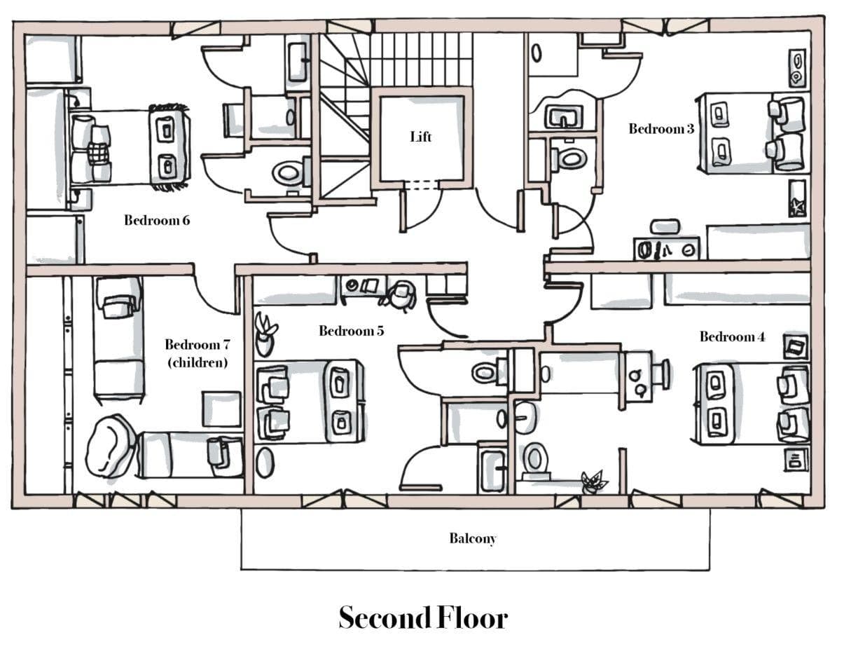 Second floor plan with five bedrooms and central lift access