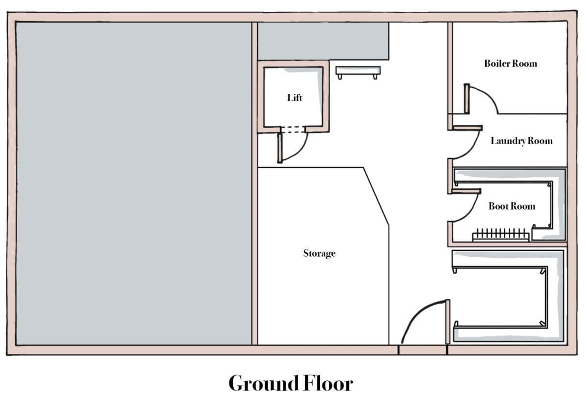 Ground-floor plan with storage, boot room, laundry, boiler room and lift