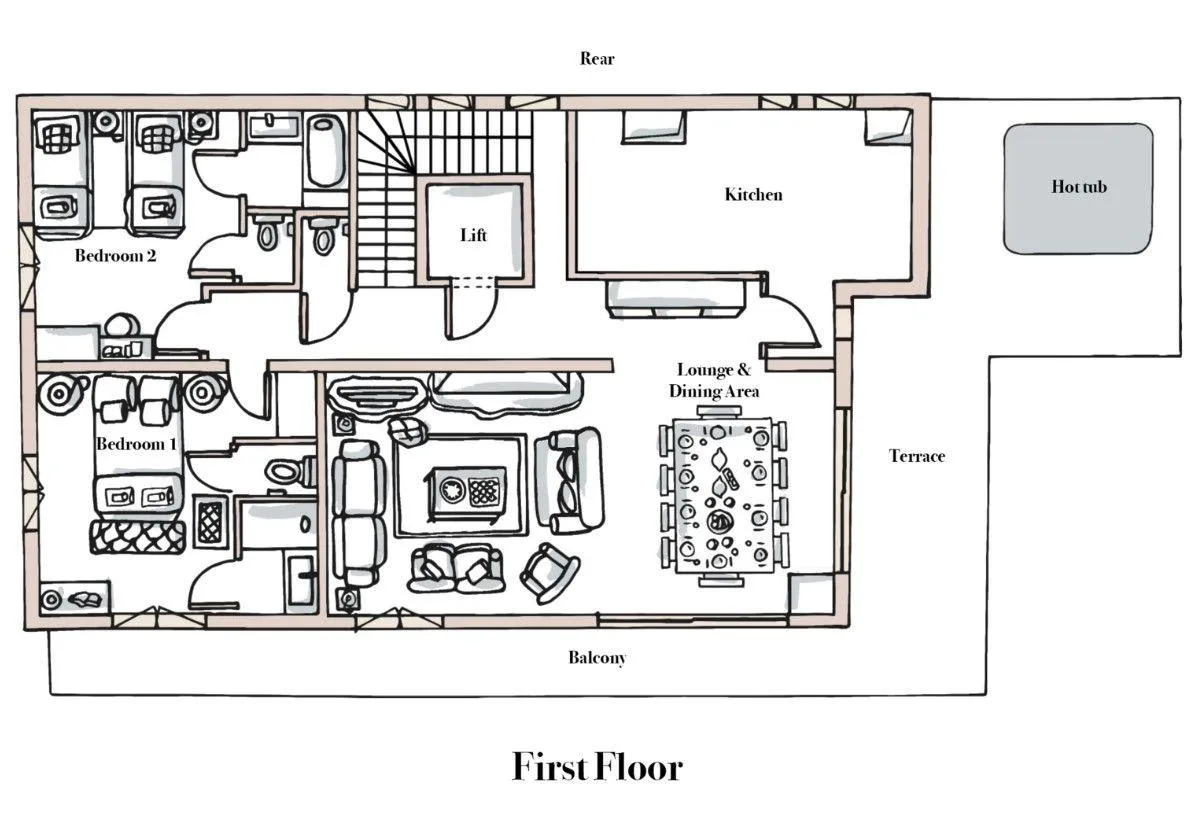 First-floor plan with living and dining space, kitchen, Rooms 1 and 2, sun terrace, hot tub and lift