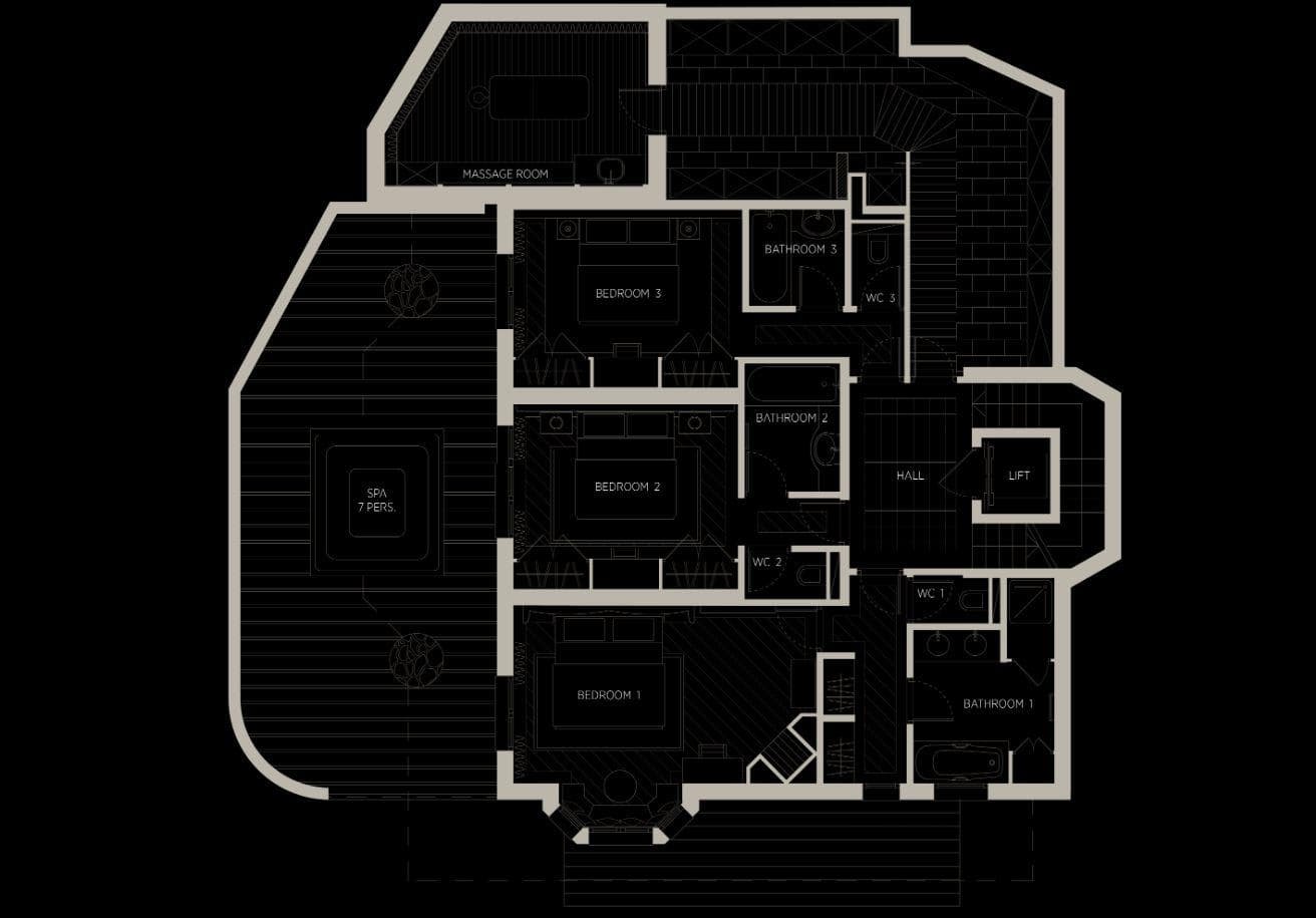 Floor plan: three en suite bedrooms, massage room, and terrace with 7-person spa