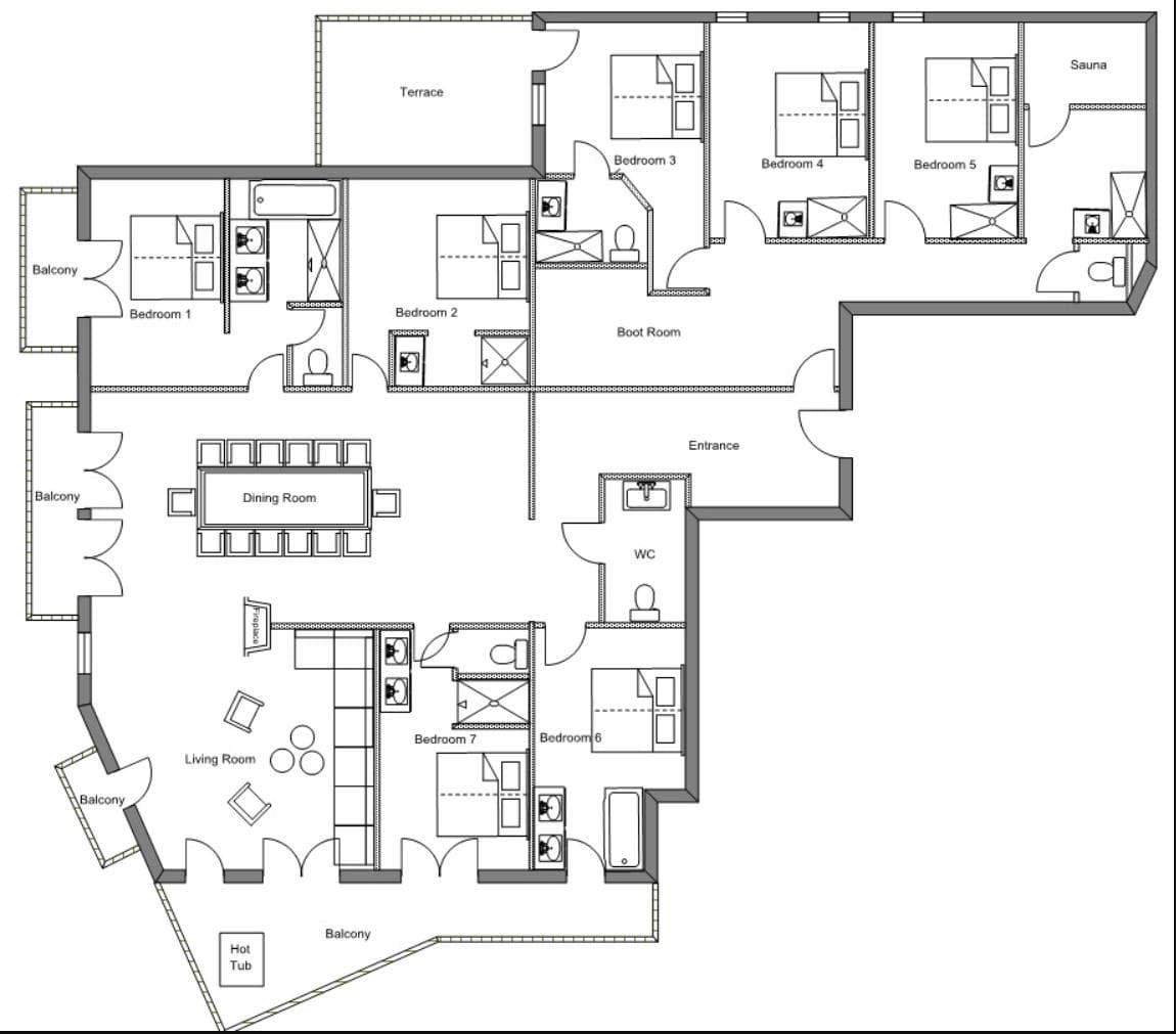 Floor plan: seven bedrooms, boot room, sauna, and terrace with hot tub