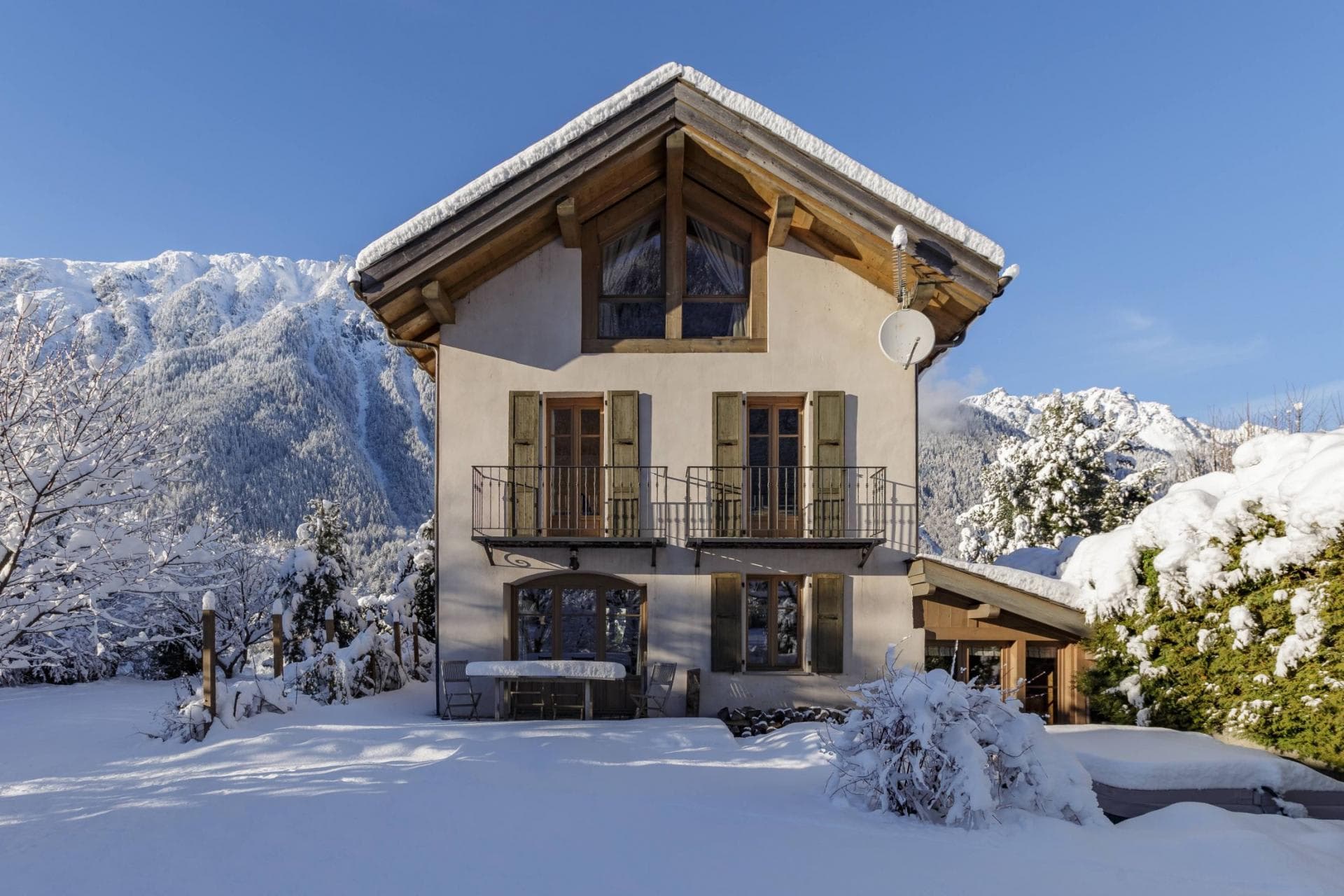 Chalet exterior with mountain views and second-floor Juliet balconies