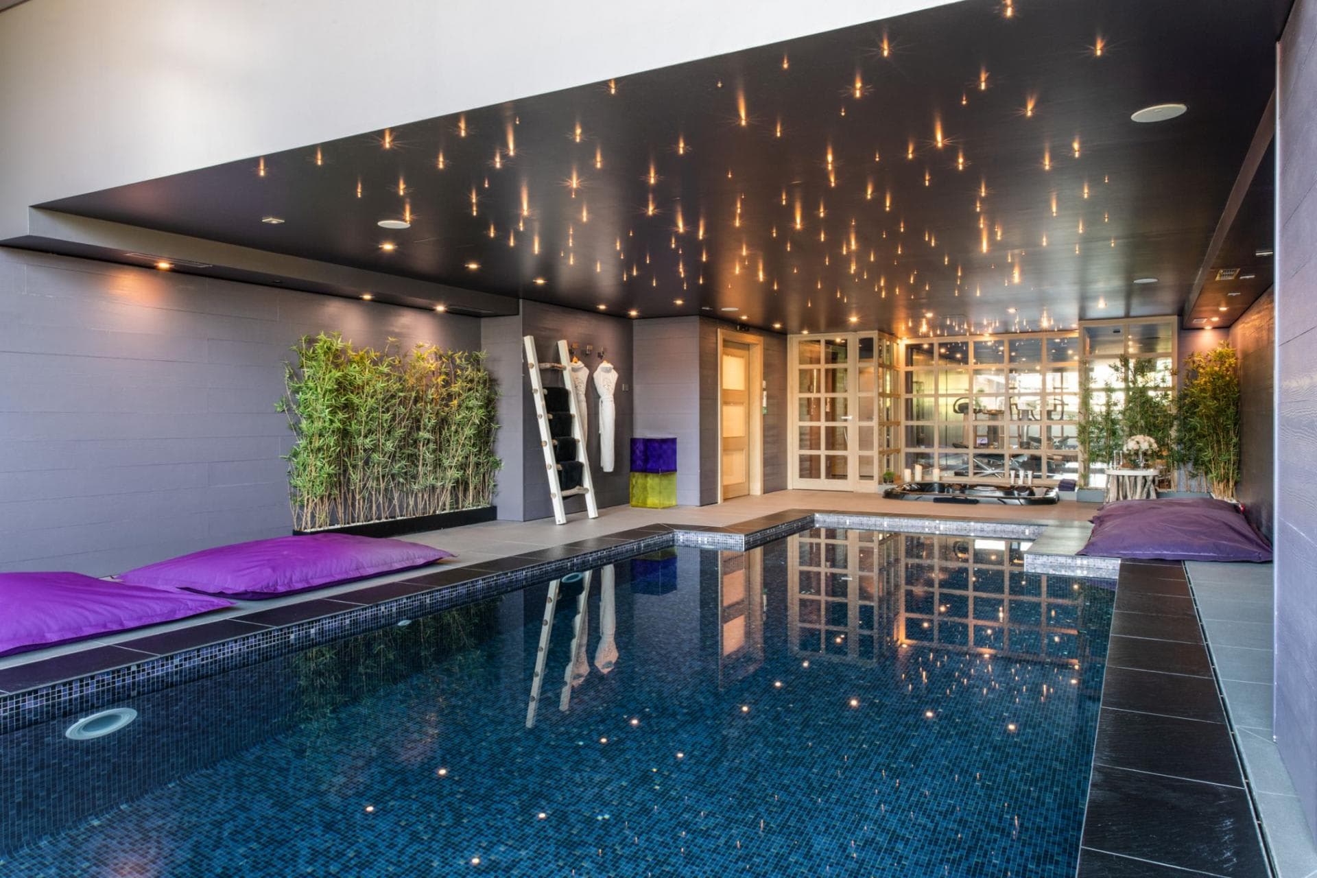 Indoor heated pool with fiber optic ceiling lighting and adjacent gym