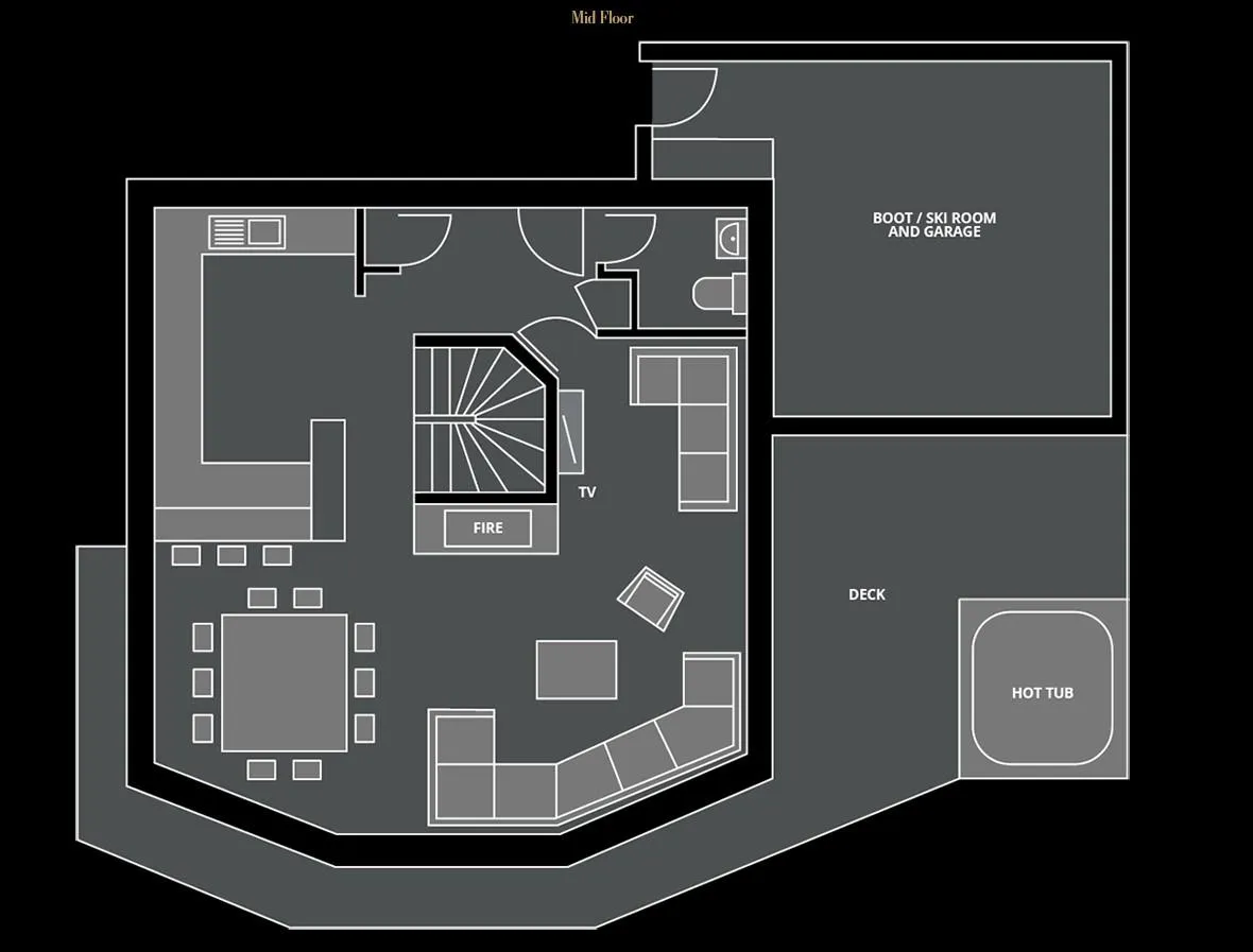 Entrance-level floor plan with open-plan living, dining and kitchen area, deck and hot tub