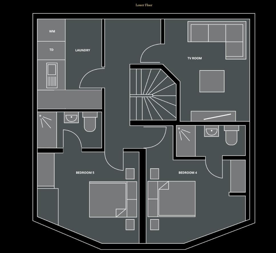 Lower floor layout featuring two ensuite bedrooms and separate TV room