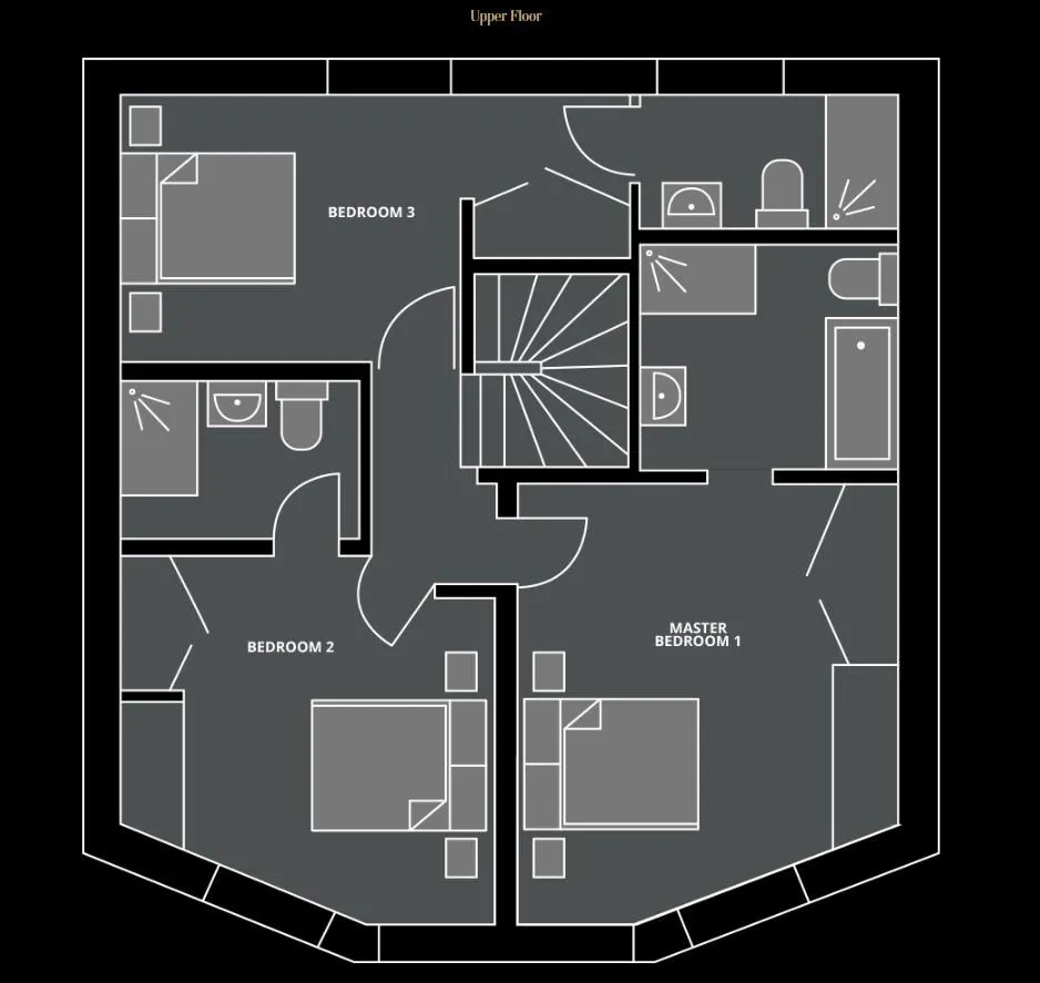 Upper-floor plan with three bedrooms and three en-suite bathrooms