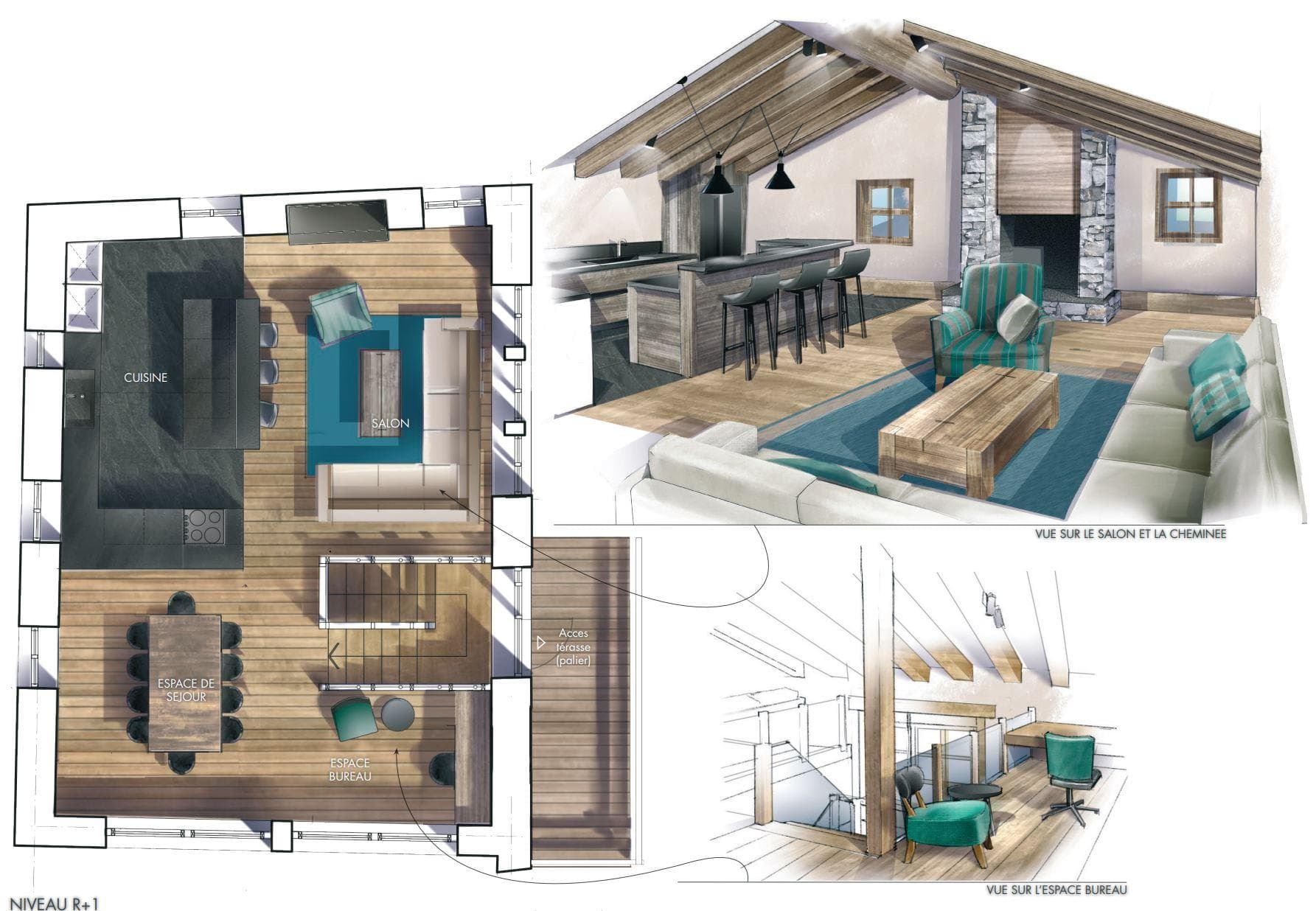 Open-concept living area with vaulted wood-beam ceilings and stone fireplace