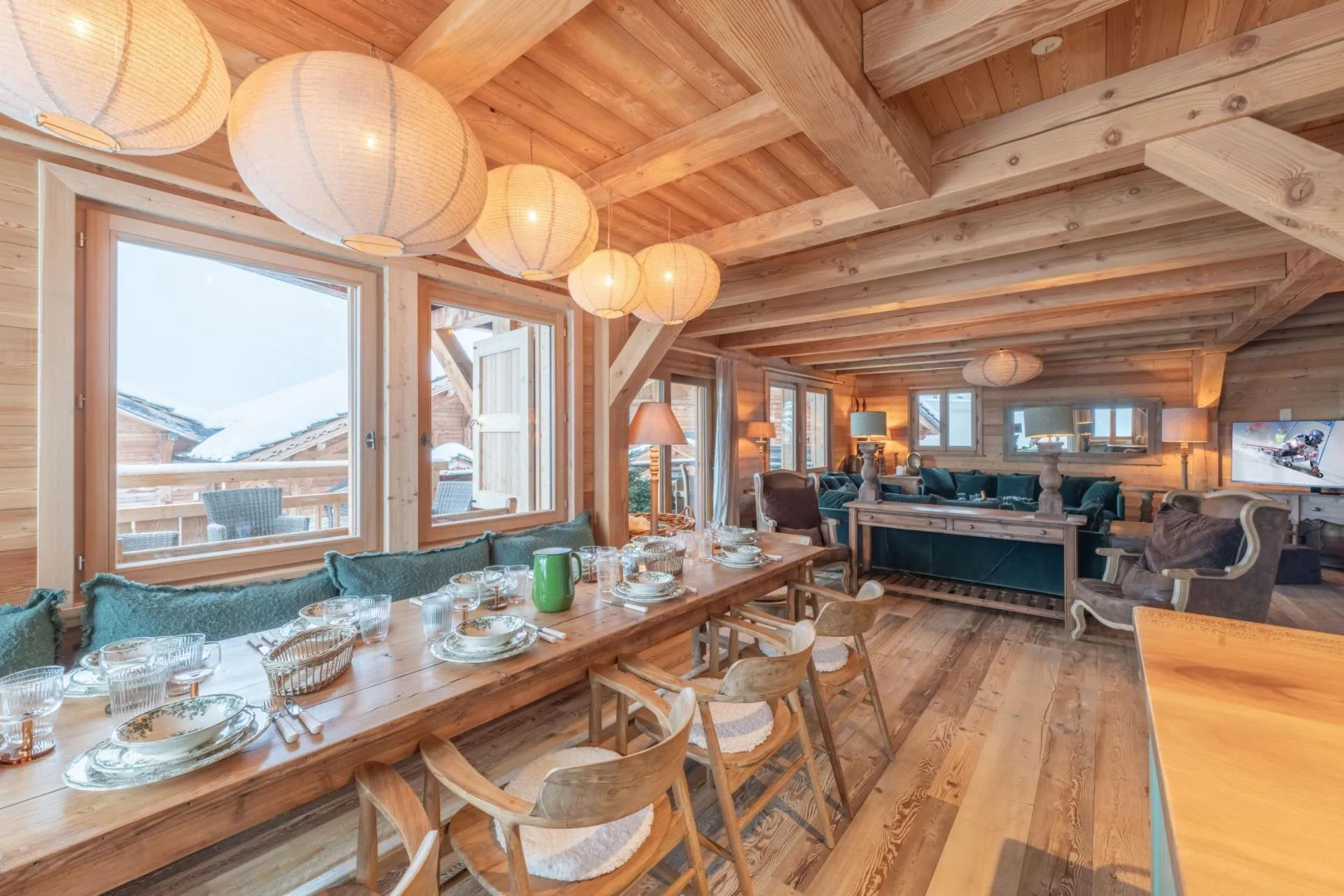 Dining area with built-in bench seating and mountain views