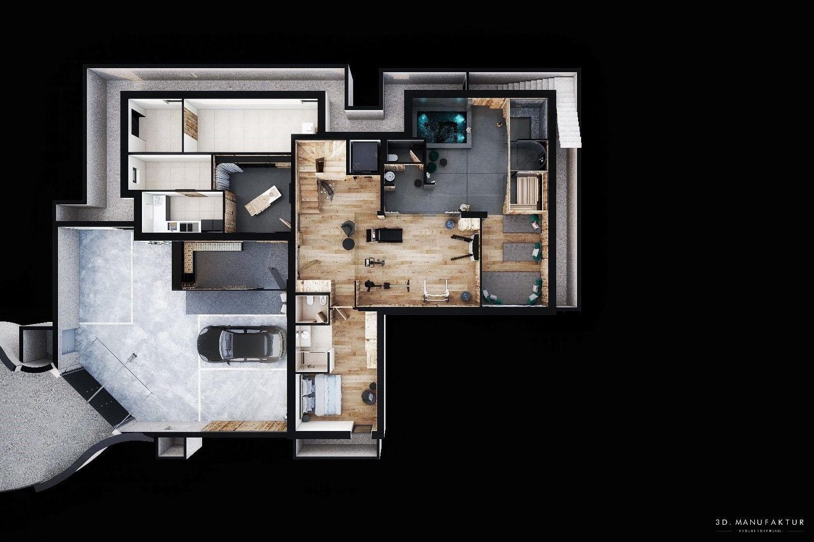 Lower level floor plan: garage, home gym, sauna, and indoor pool