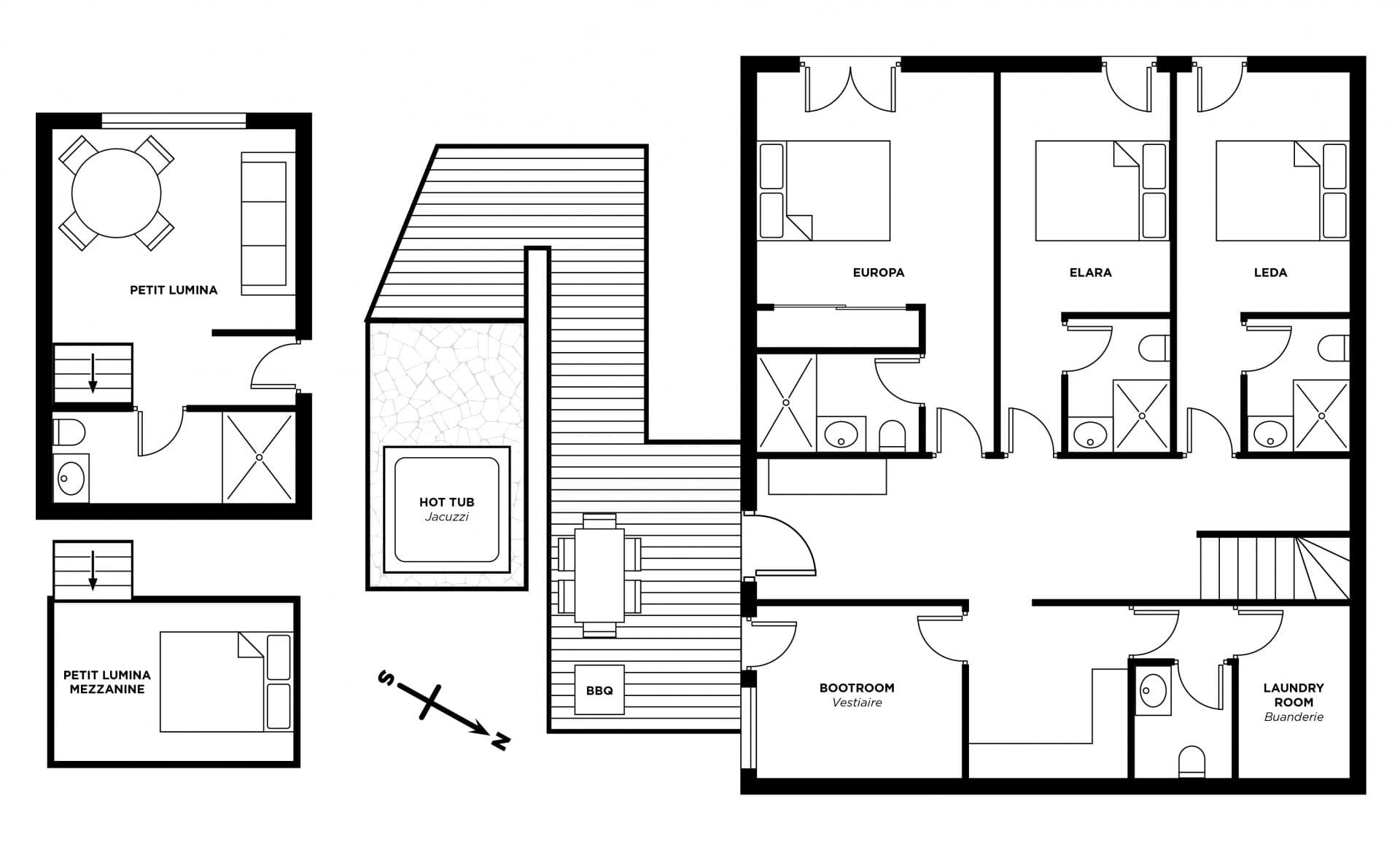 Ground floor plan: three ensuite bedrooms, boot room, laundry, and outdoor deck with hot tub