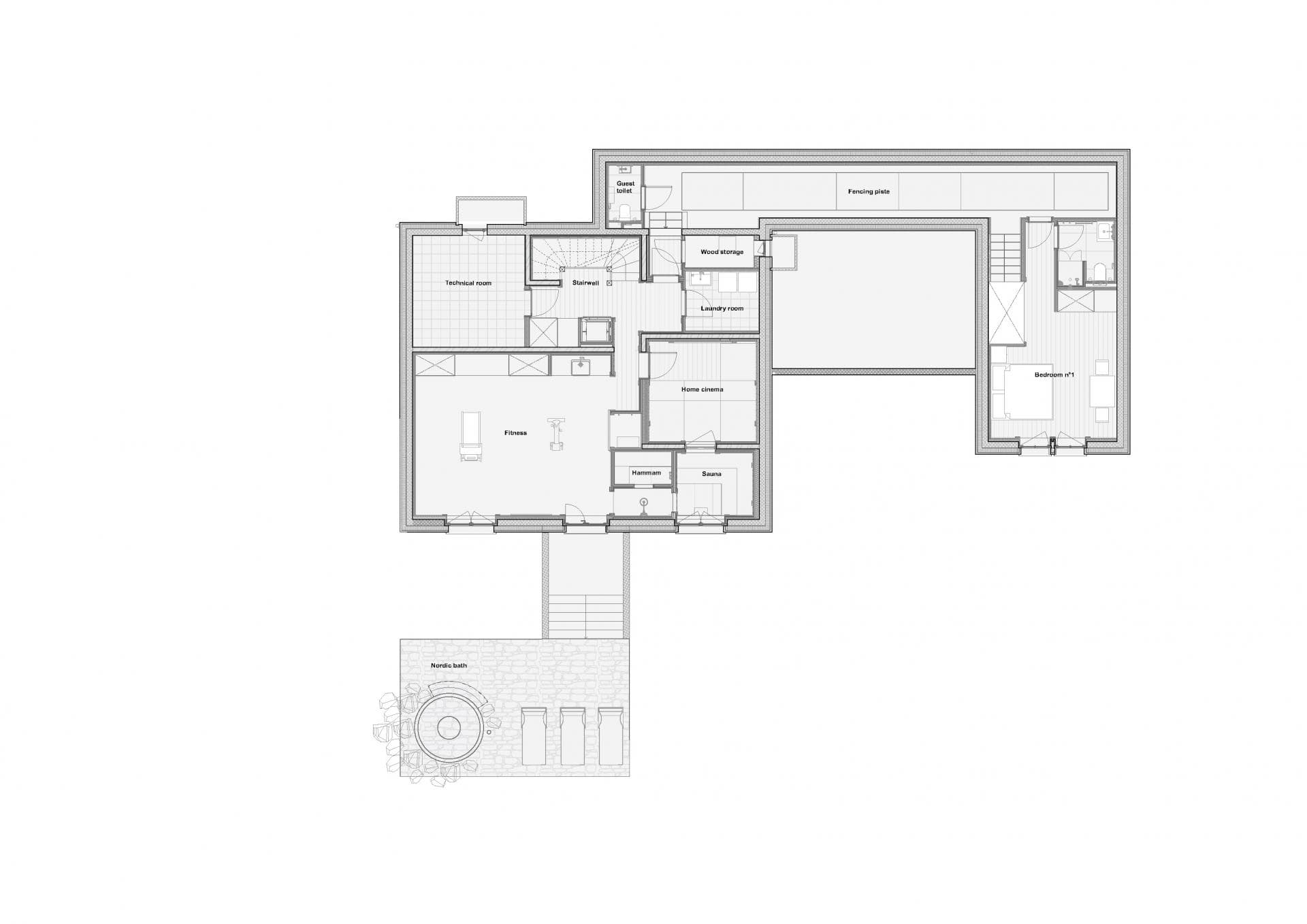 Lower level floor plan with fitness room, sauna, and fencing piste
