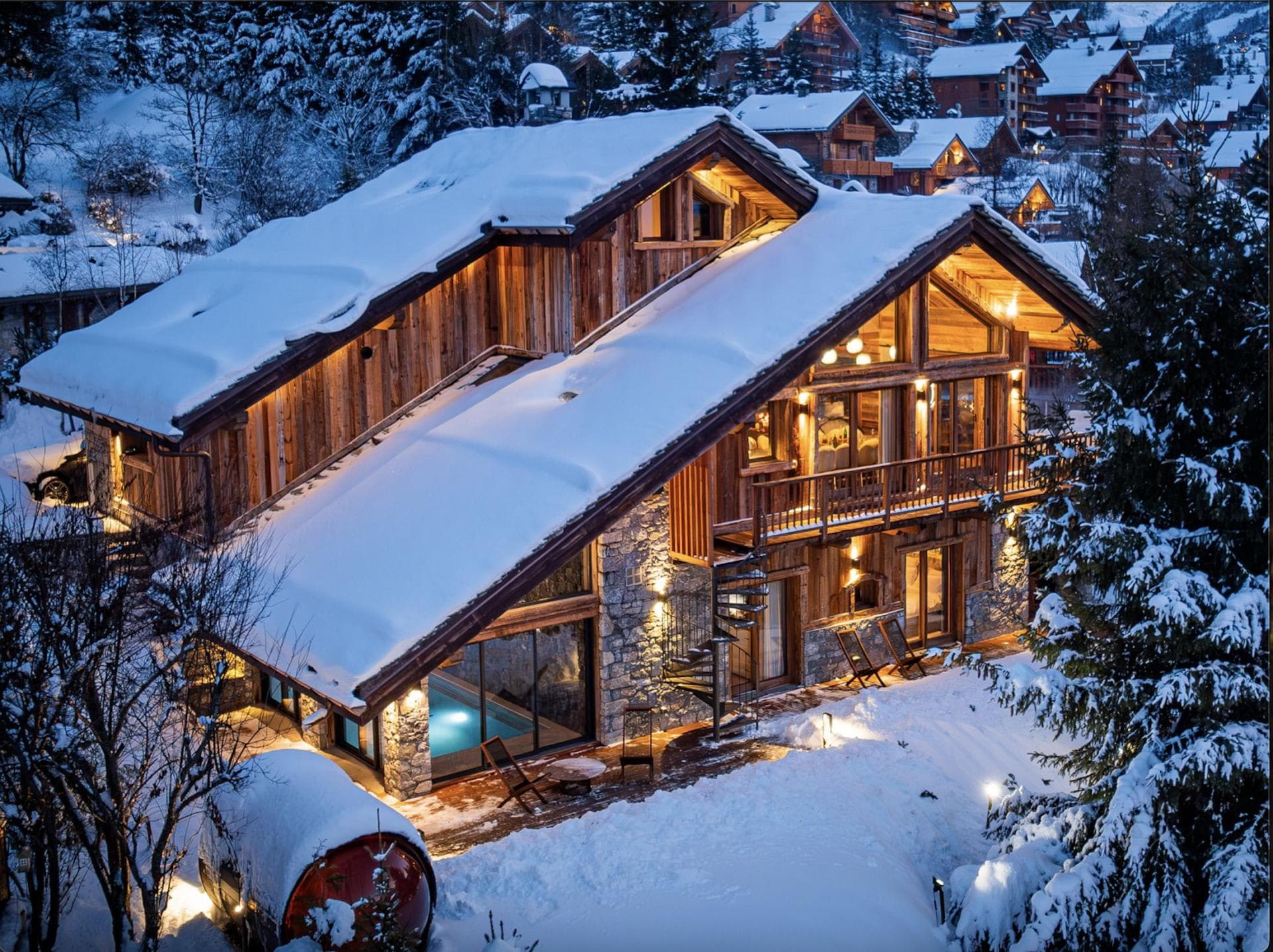 Chalet exterior with indoor pool and outdoor barrel sauna