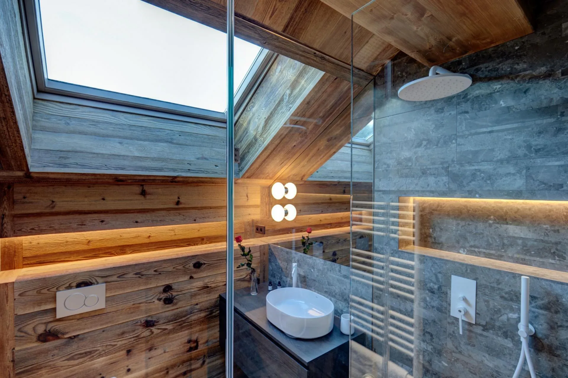 Shower room with skylight and basin