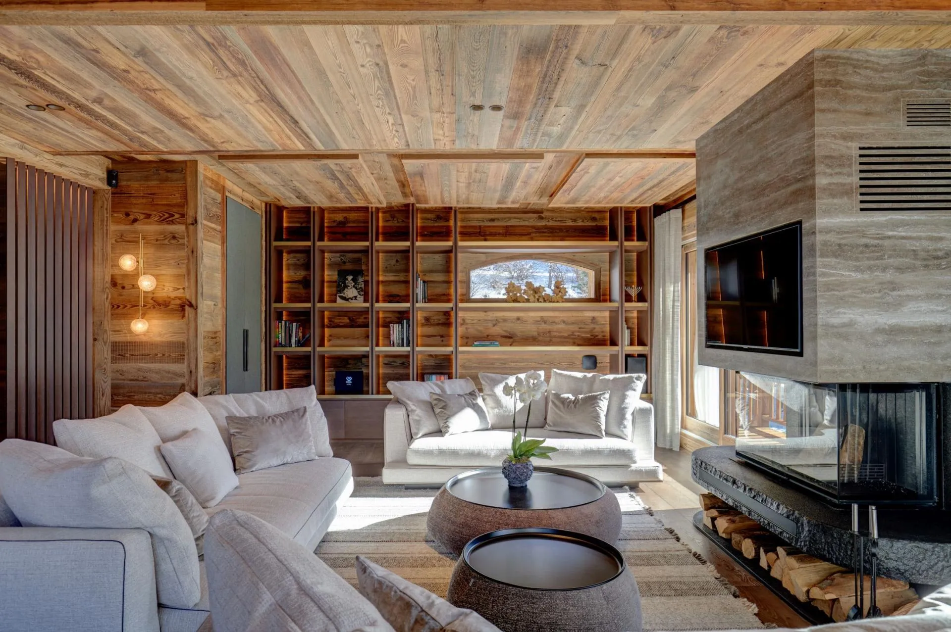 Sofas beside the central fireplace