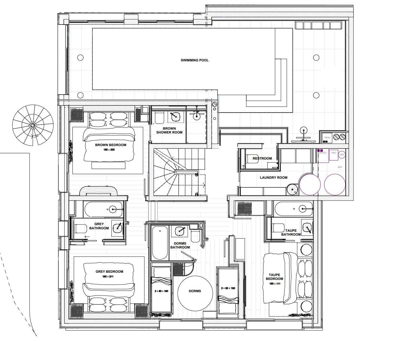 Floor plan with four ensuite bedrooms and private swimming pool