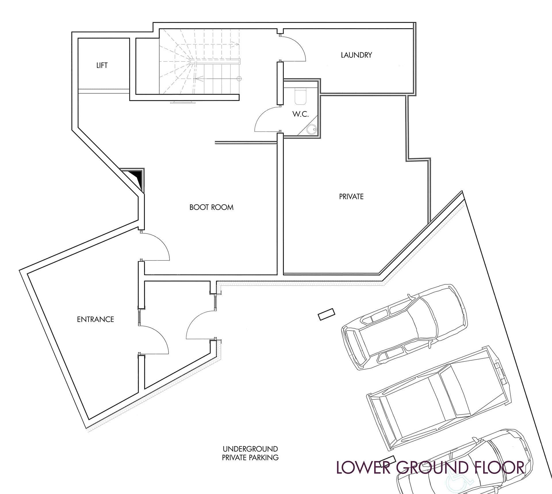 Lower ground floor plan: private parking, entrance, boot room, laundry, and lift