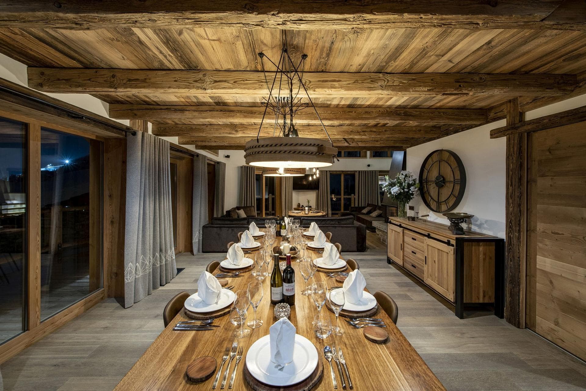 Dining area with seating for 10 and reclaimed wood beam ceiling