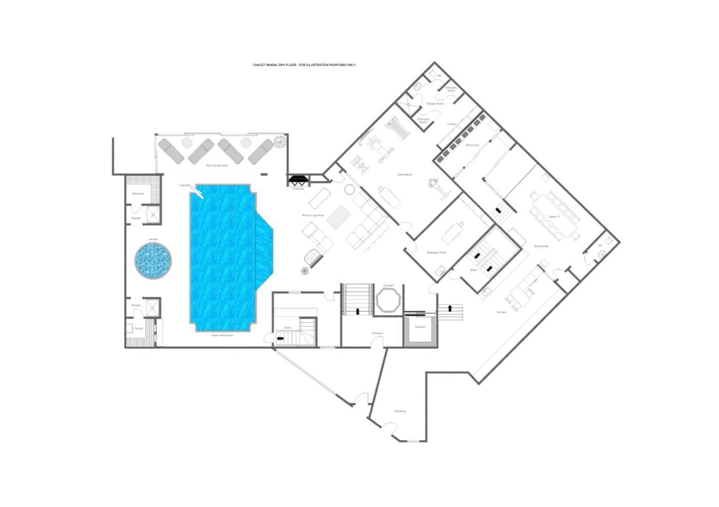 Spa floor plan featuring indoor pool, hot tub, gym, and wine cave