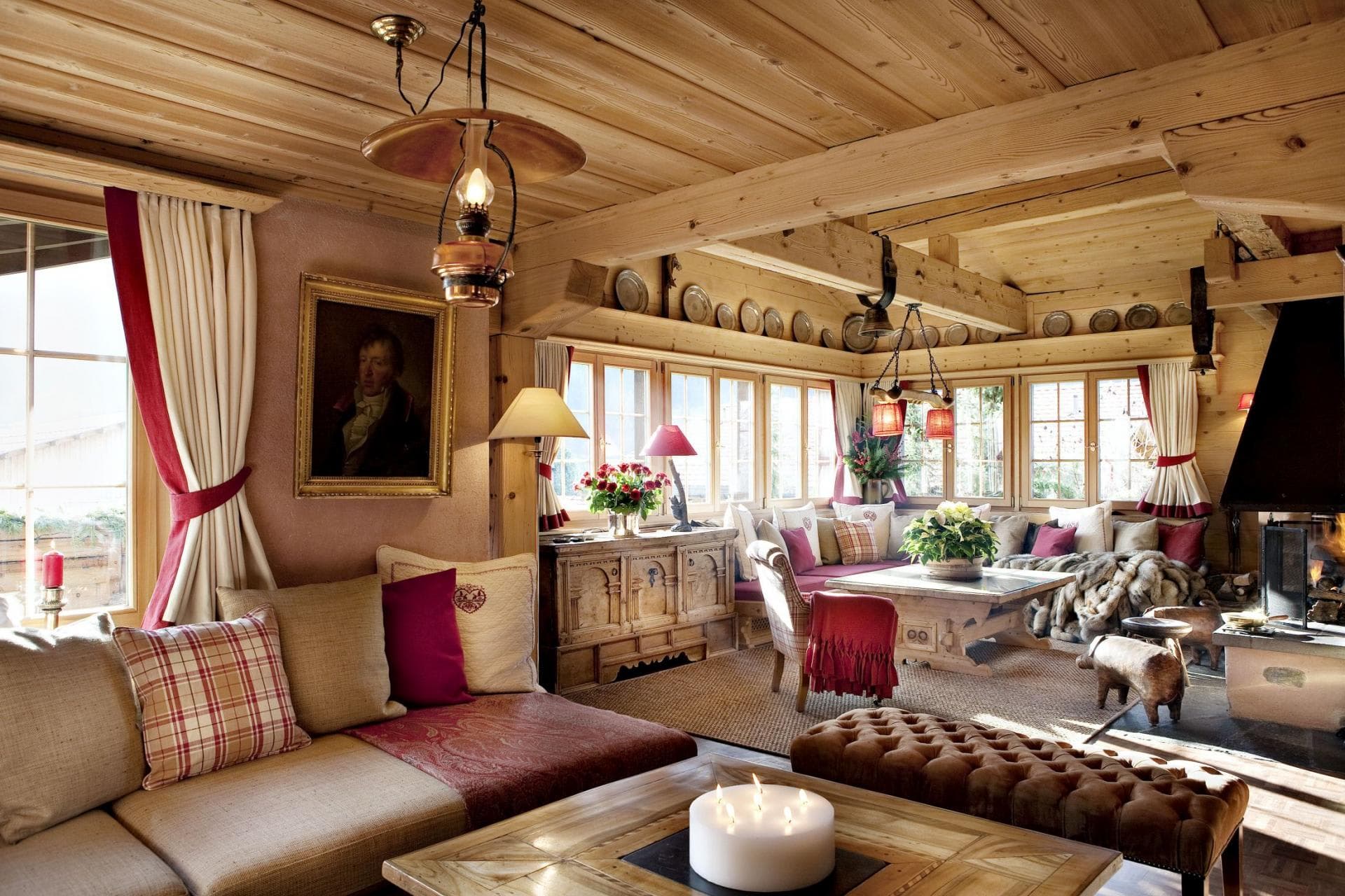 Living room with wood-burning fireplace and built-in window seating