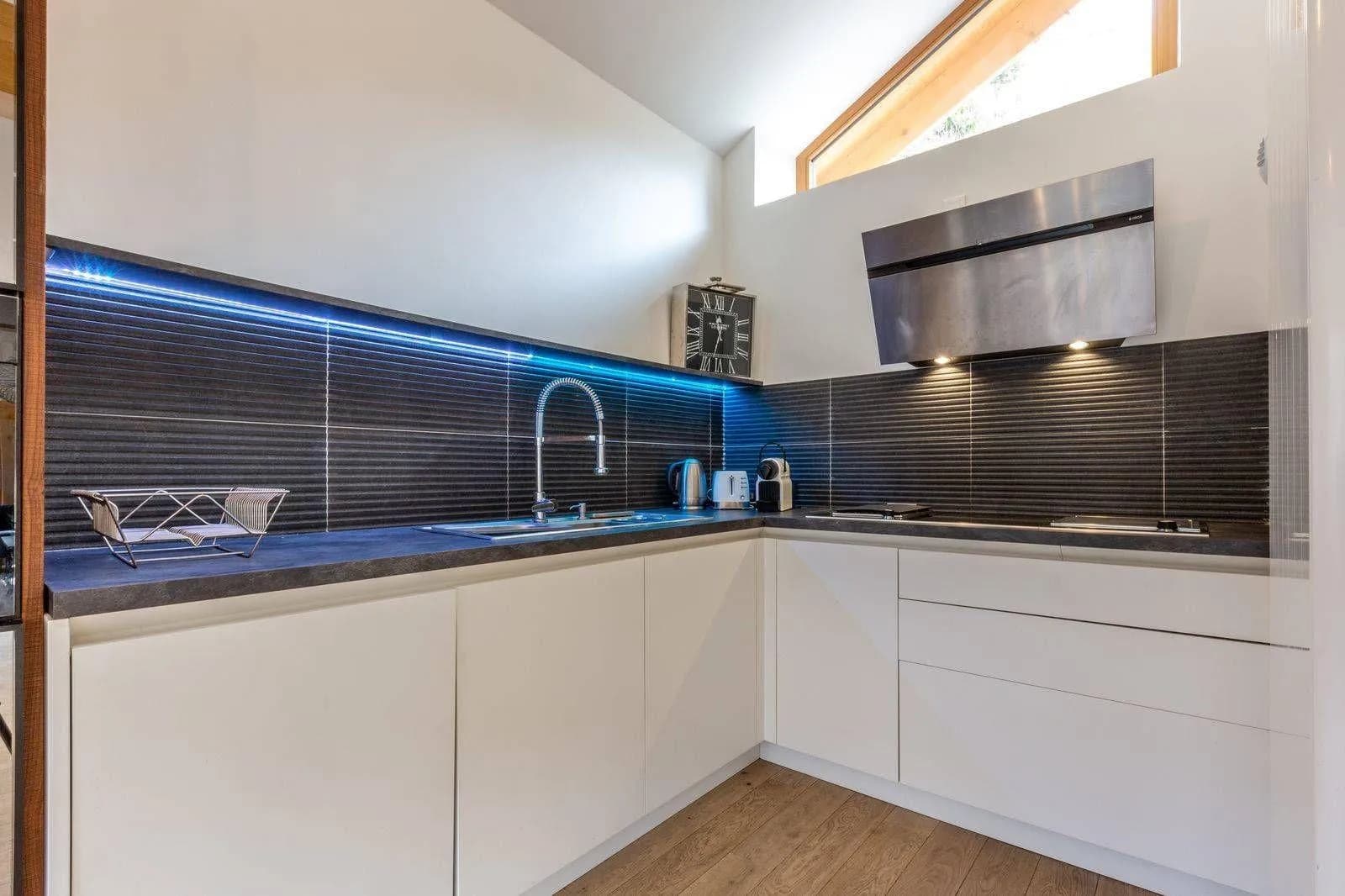 Kitchenette with two-burner induction cooktop and under-shelf LED lighting