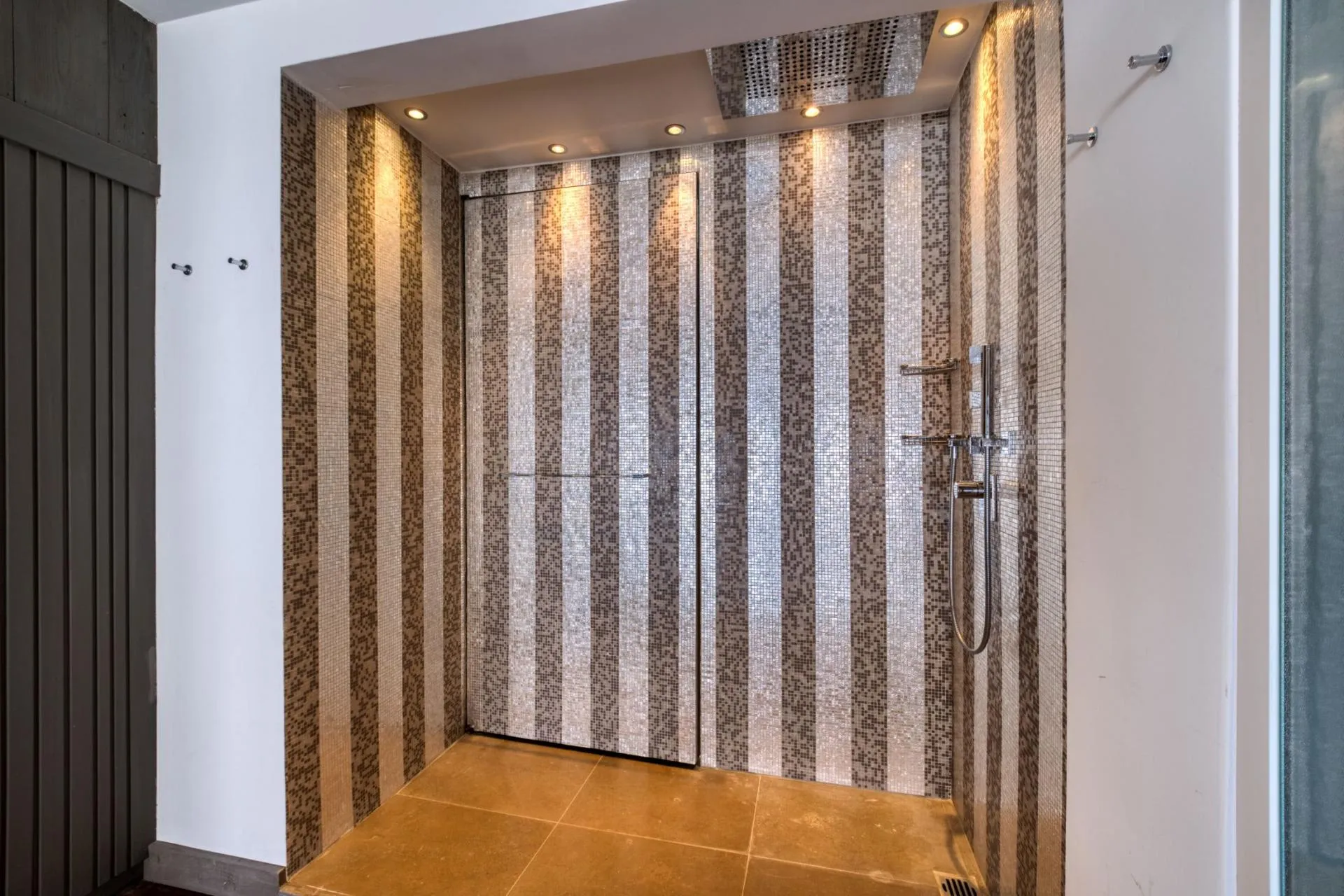 Walk-in shower with rainfall head and handheld sprayer