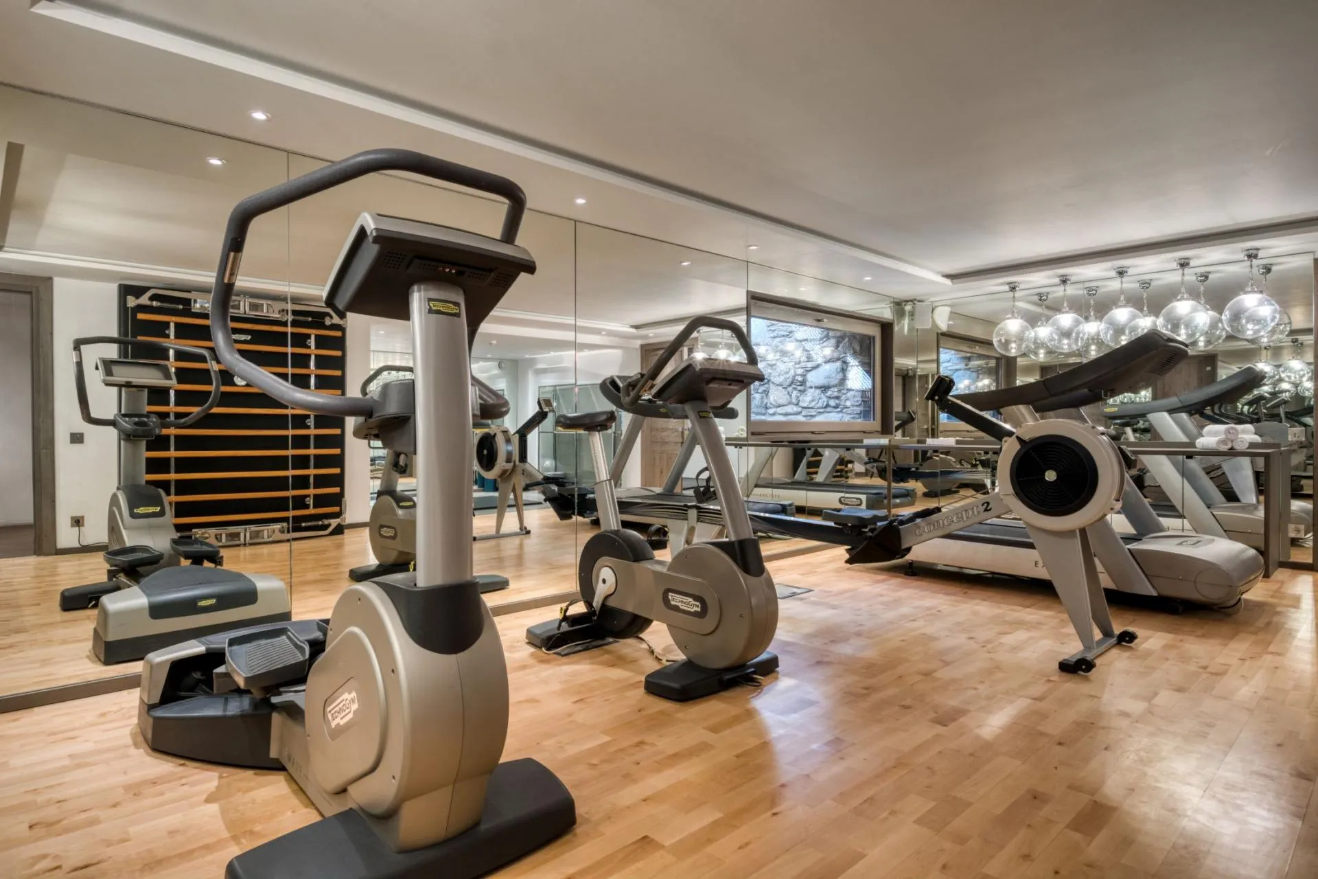 Fitness room with Technogym equipment, Concept2 rower, and floor-to-ceiling mirrors