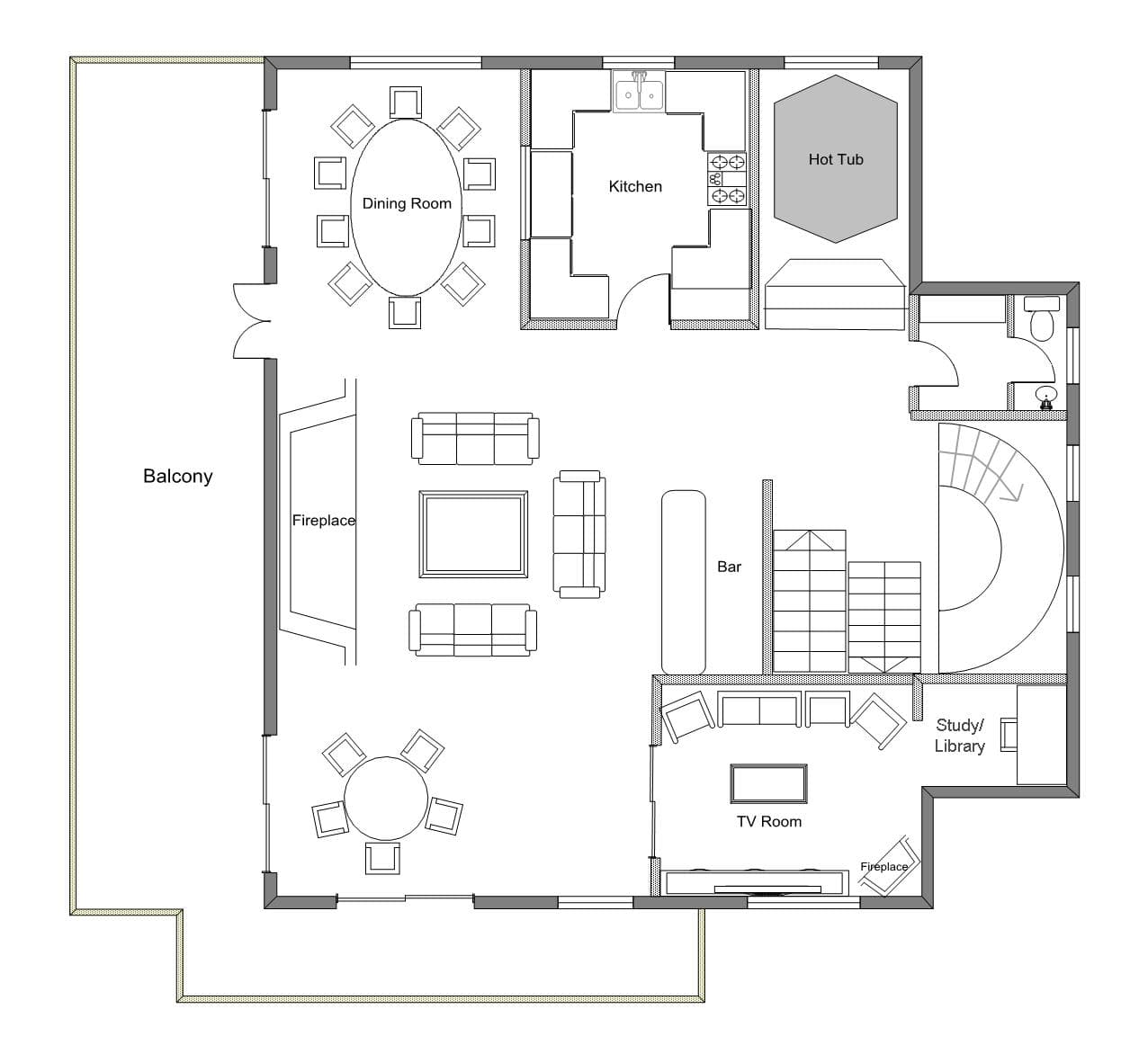 Main level layout: kitchen, dining for 10, TV room, bar, and outdoor hot tub