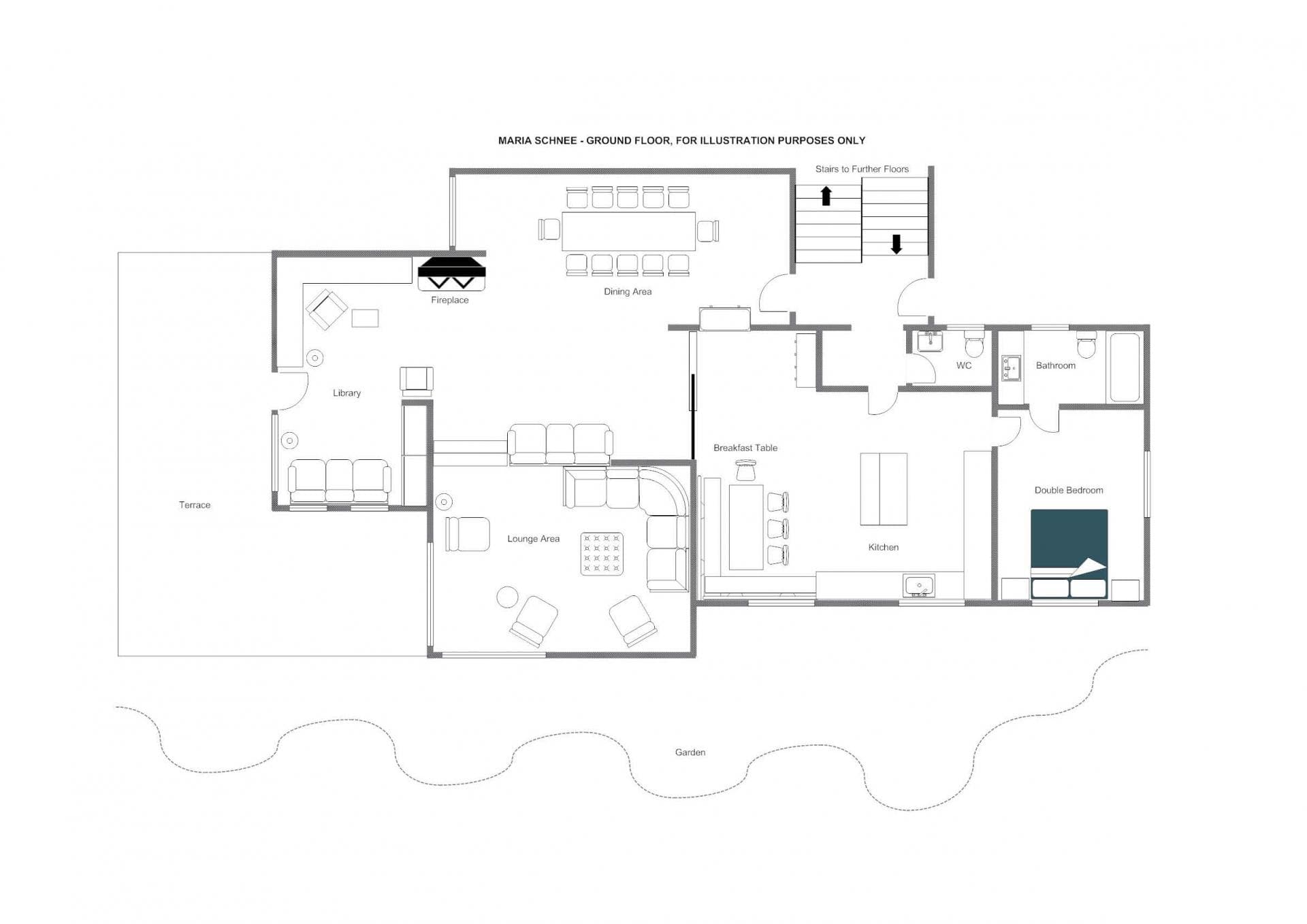 Ground floor plan: lounge, library, dining area, kitchen, and one double bedroom